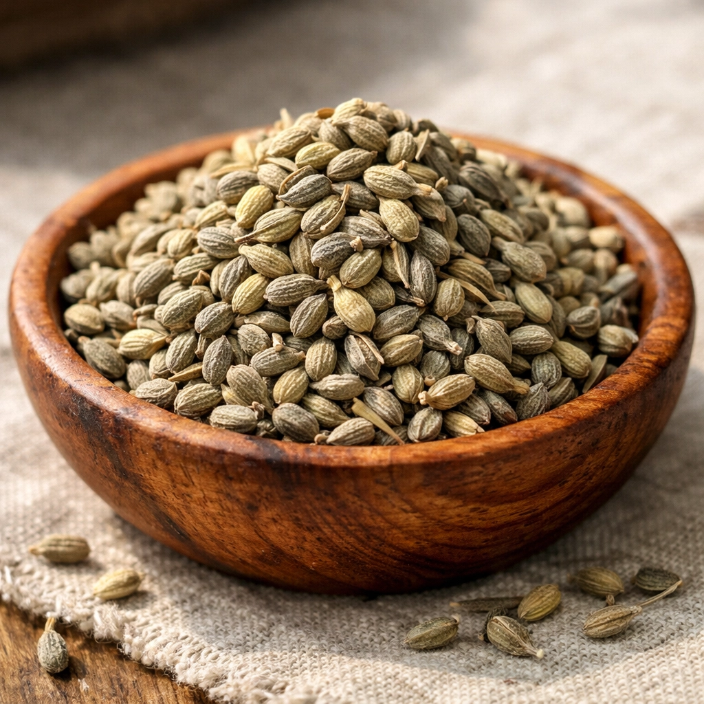 بذور اليانسون المغربي الأصلية المعروفة بالحبة الحلوة في وعاء خشبي تقليدي
