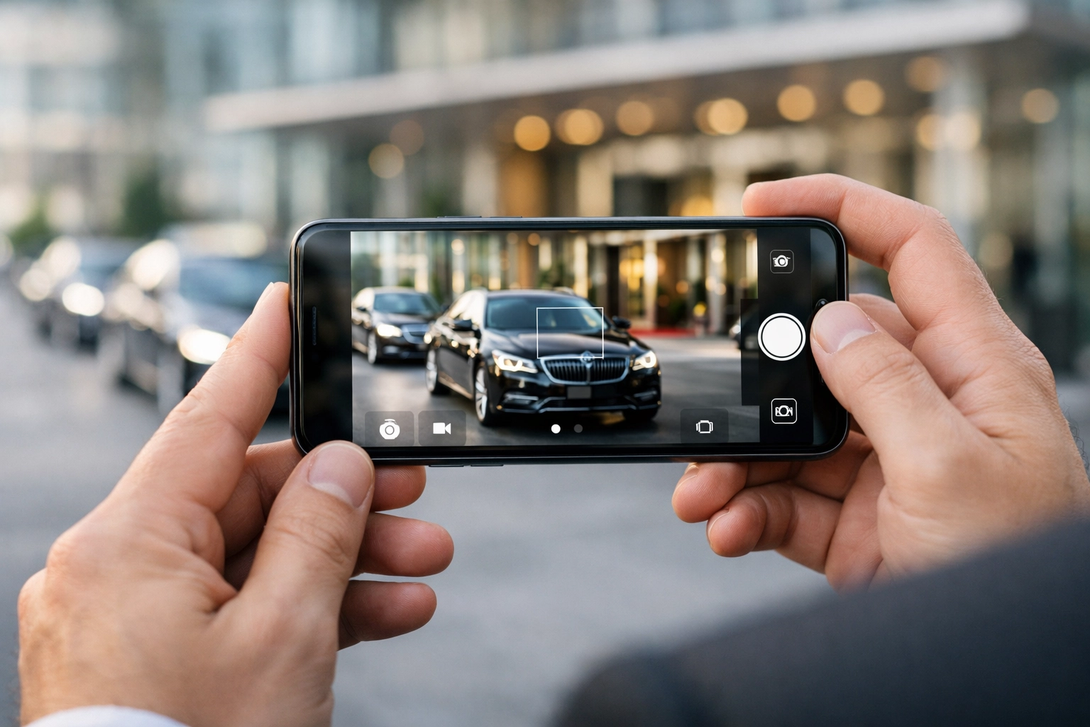 Smartphone capturing a fleet of luxury sedans to boost Super Bowl brand visibility and ROI.