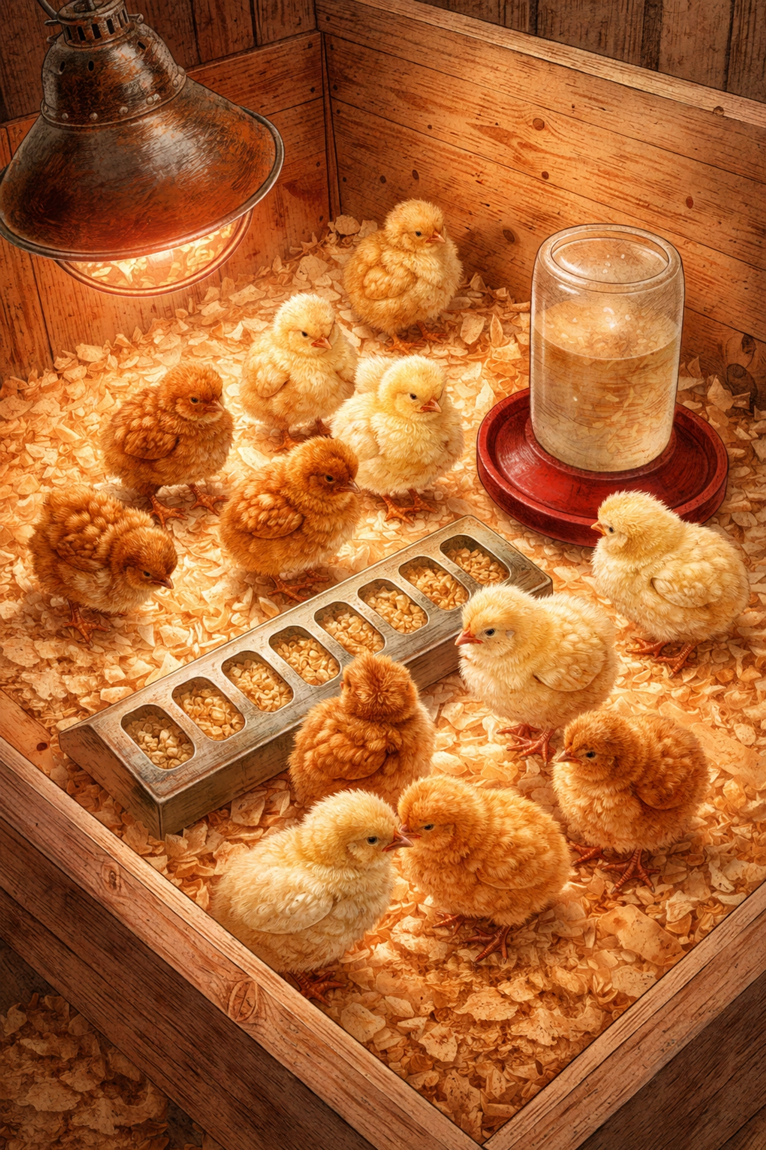 Fluffy baby chicks gathered in a cozy brooder box under a heat lamp, cared for after hatching