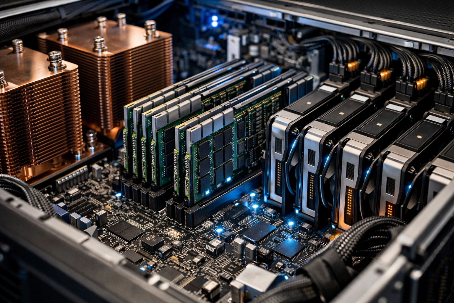 Interior view of an AI-optimised server chassis with high-density RAM modules and GPU cards.