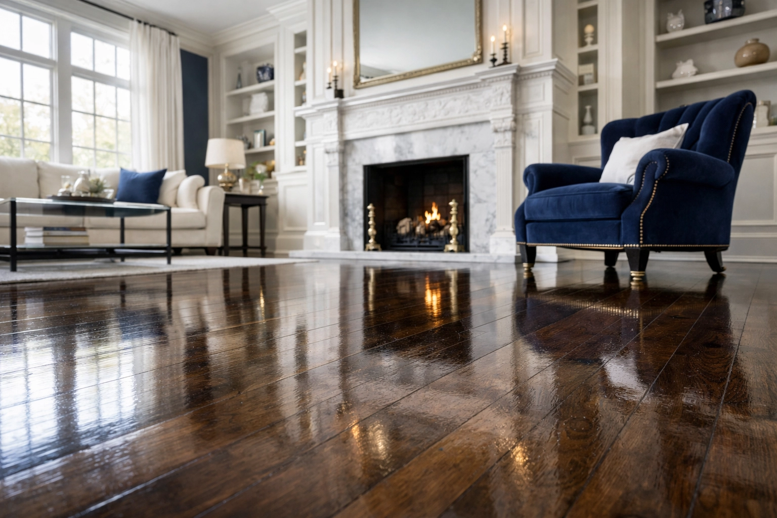 Polished hardwood floors in a luxury estate showcasing professional cleaning Hingham standards.