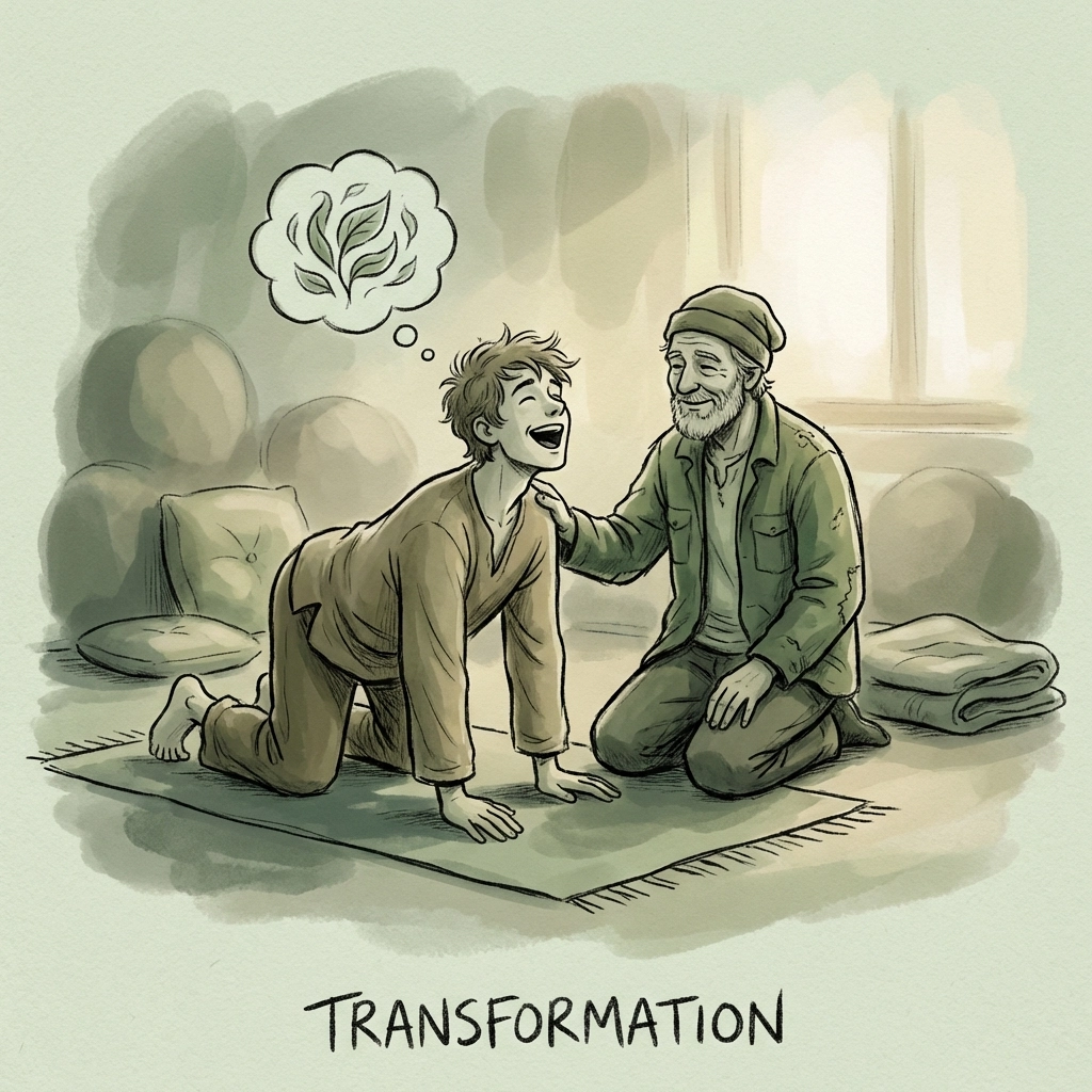 Pup experiencing joyful transformation with Handler guidance during playful MM romance scene