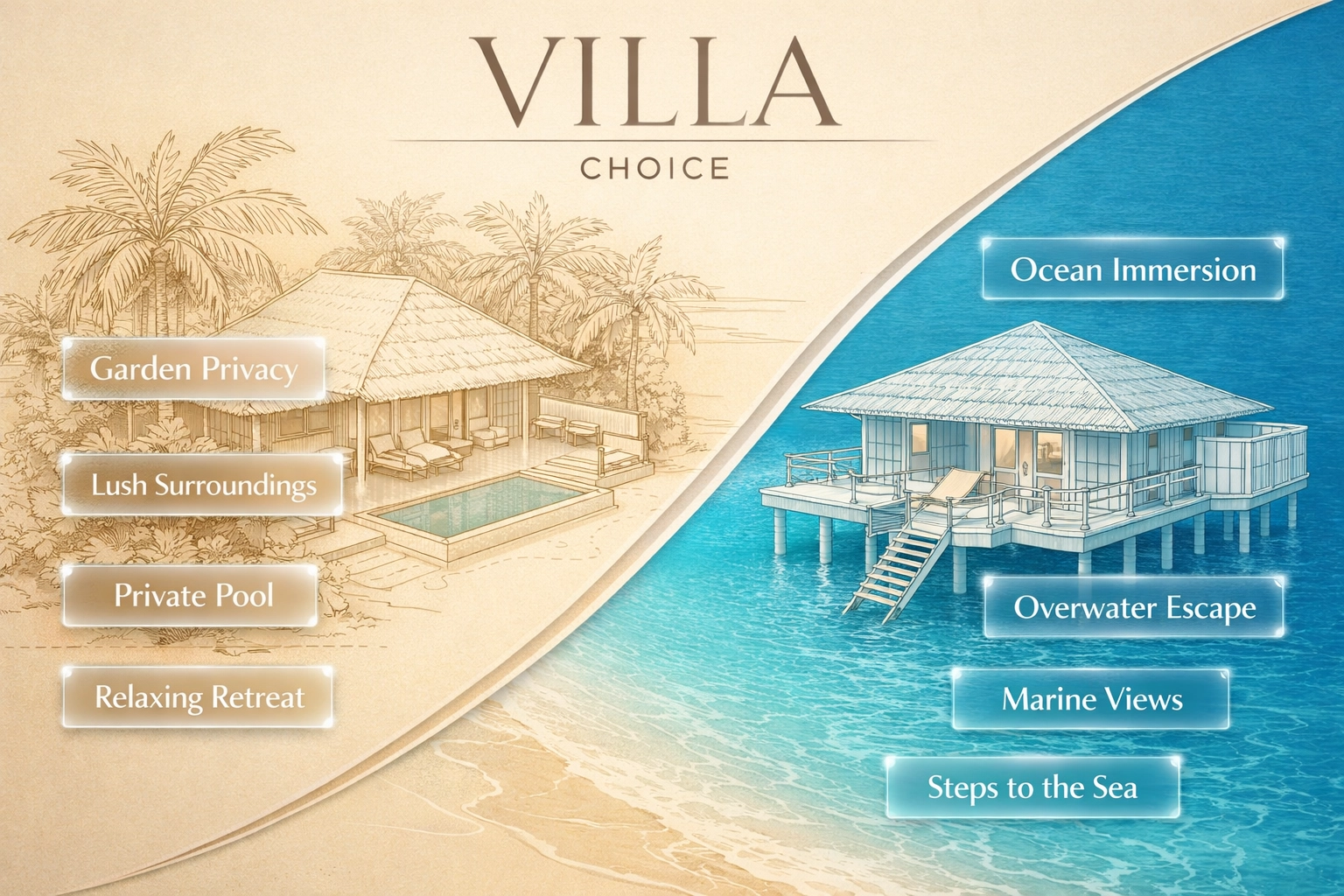 Comparison of beach villas and overwater villas for luxury Maldives resort accommodation.