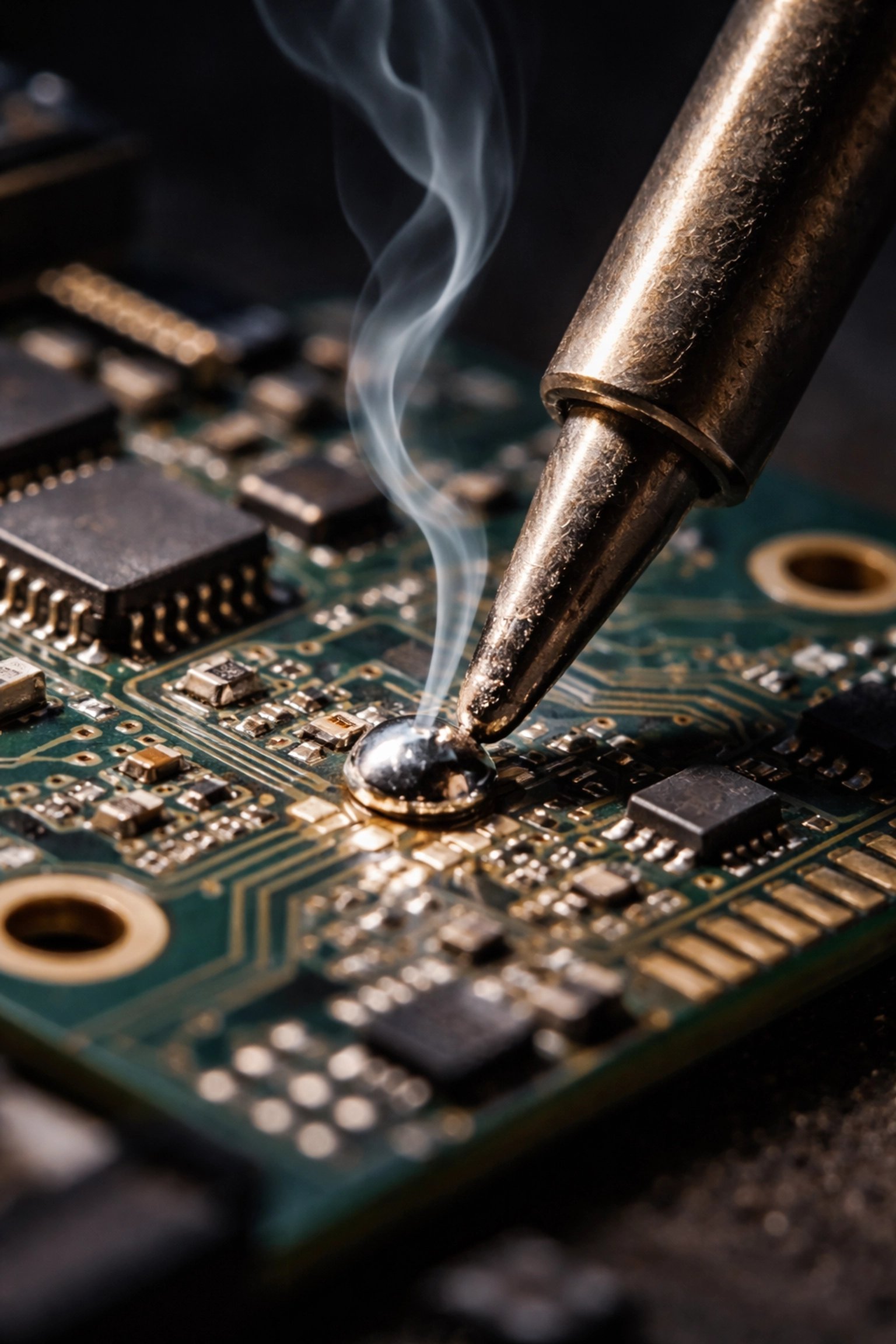 Soldering iron tip melting solder on a drone flight controller pad during drone repair