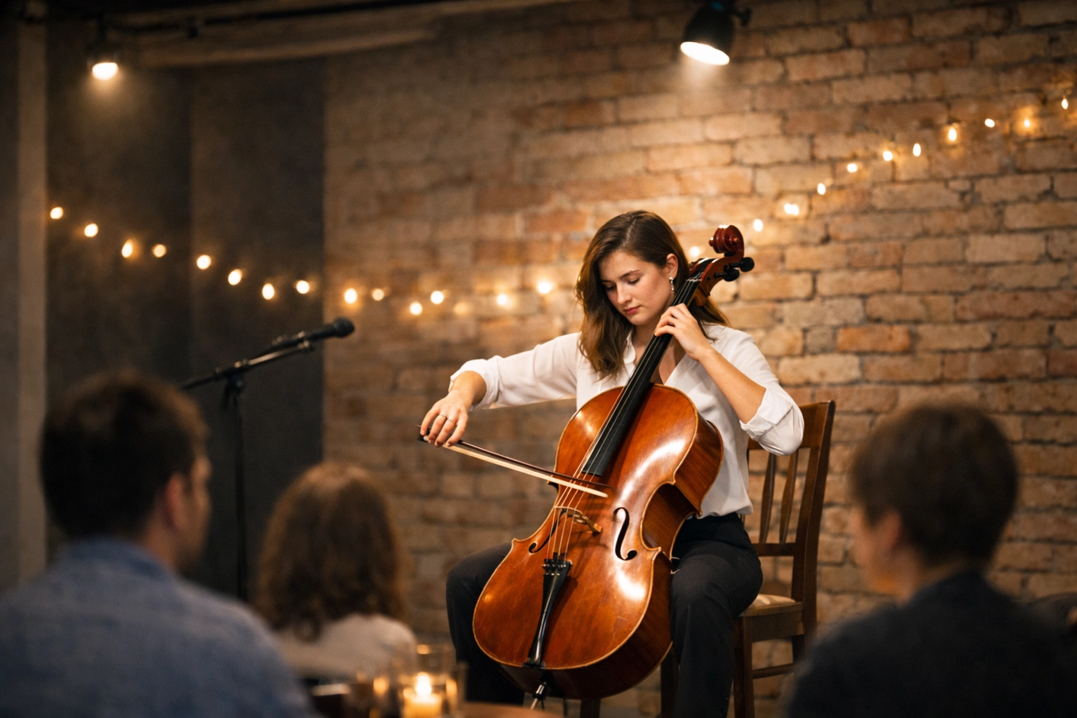 Young cellist performing live at small venue where public liability insurance is essential