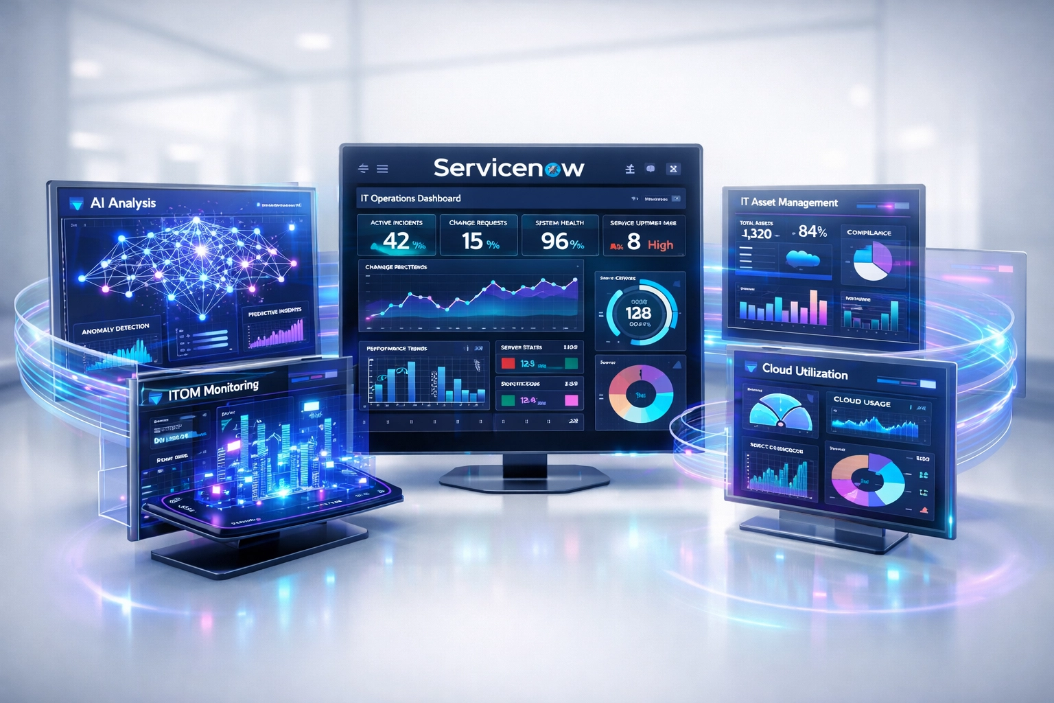 ServiceNow ITOM and ITAM dashboard displaying real-time analytics and performance metrics