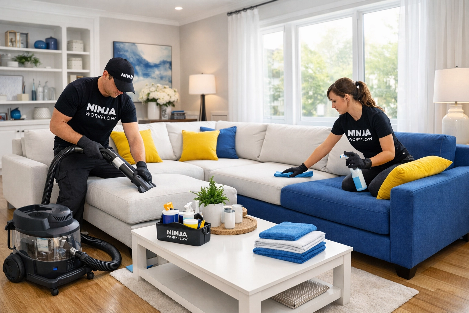 A clean, professionally styled living room with a tidy sectional sofa and bright yellow pillows.