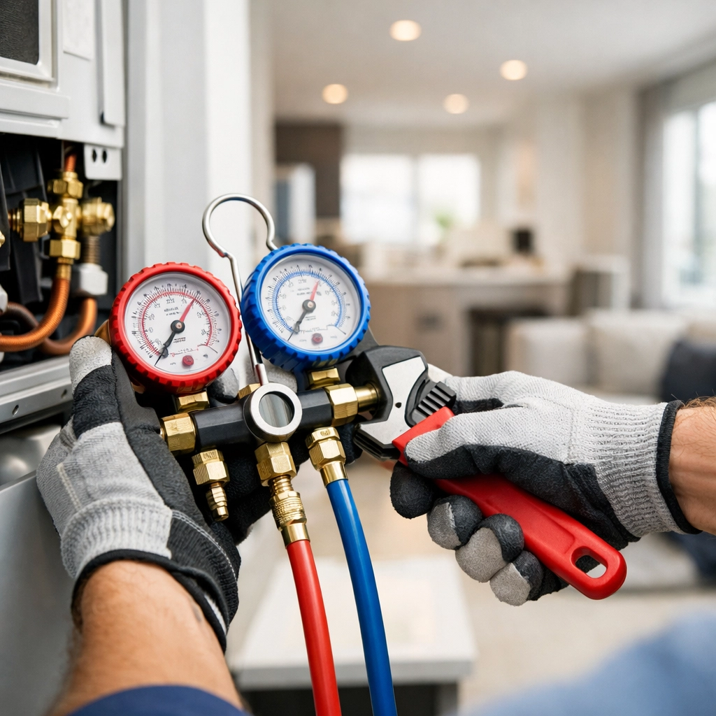 Maintenance technician performing preventive HVAC service in apartment unit