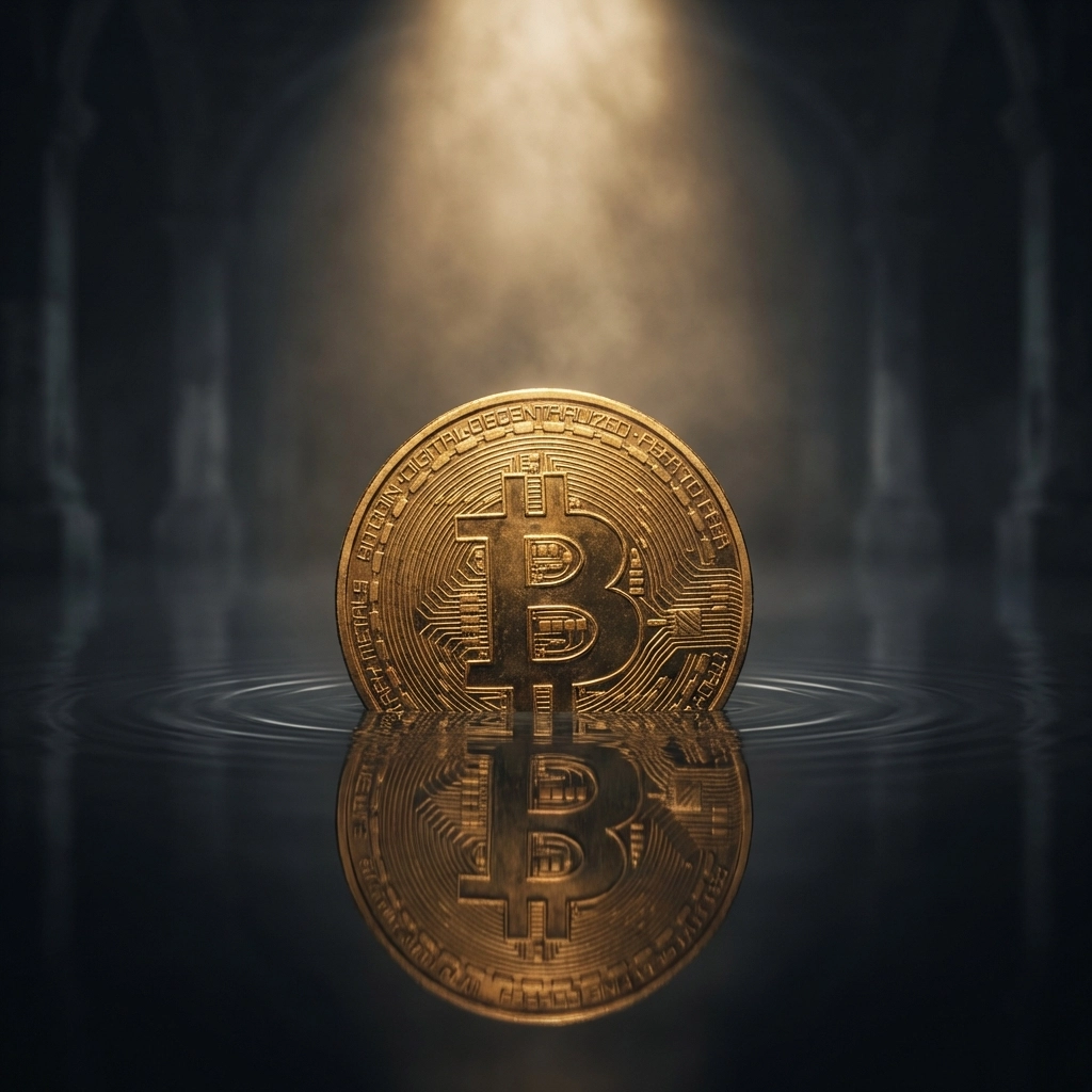 Large golden Bitcoin coin on dark water highlights institutional crypto integration for portfolio diversification.