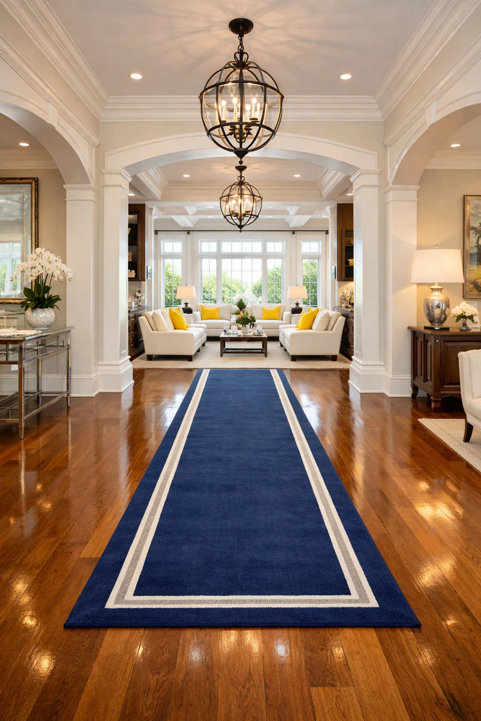 Immaculately clean foyer with hardwood floors and navy runner rug creating a healthy home sanctuary.