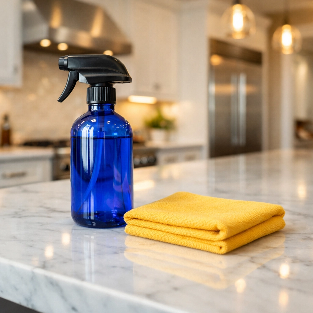 Eco-friendly recurring house cleaning tools on a spotless marble kitchen island in a Westborough residence.