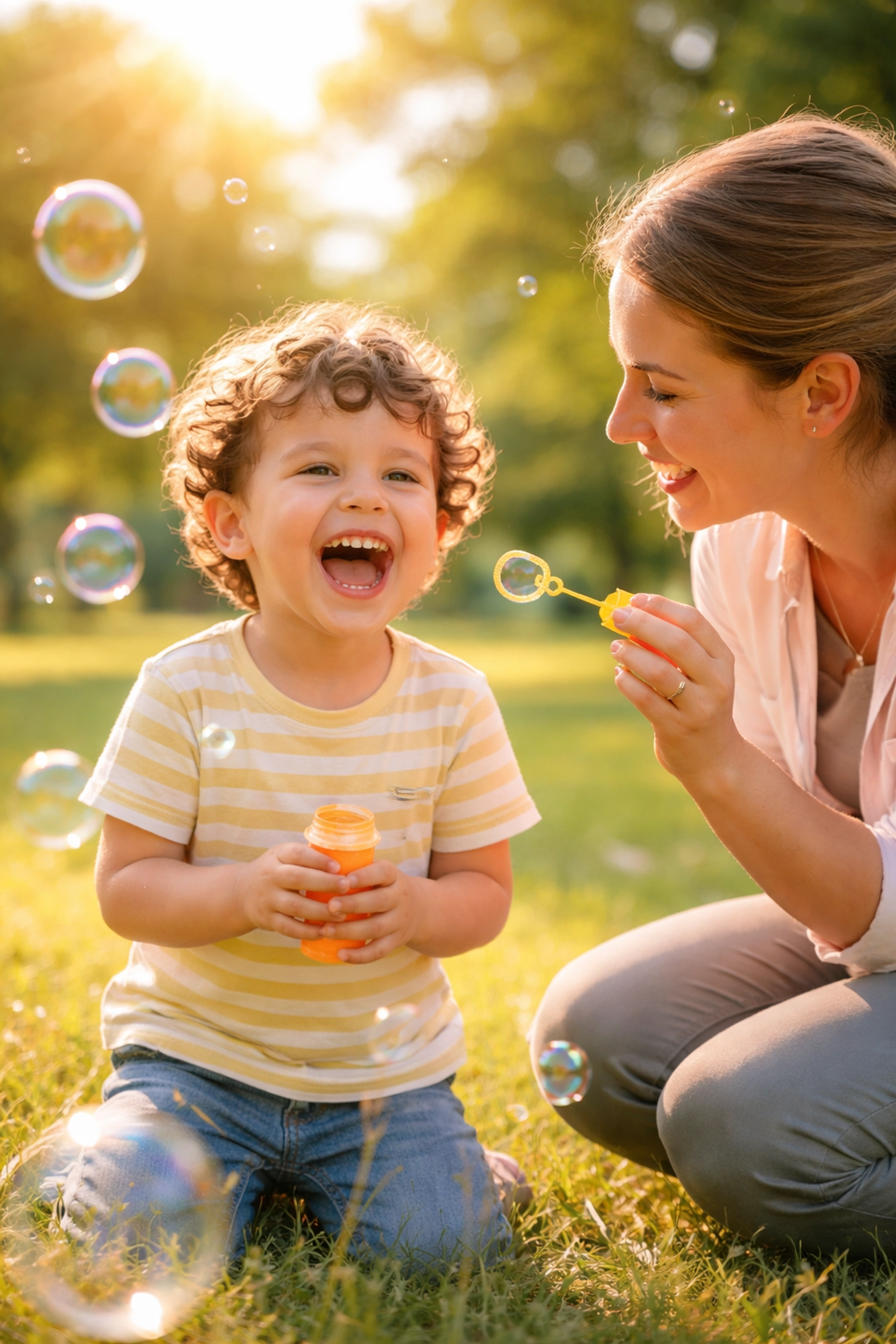 Preschool child and therapist blowing bubbles in park during naturalistic ABA therapy session in Tyrone GA.