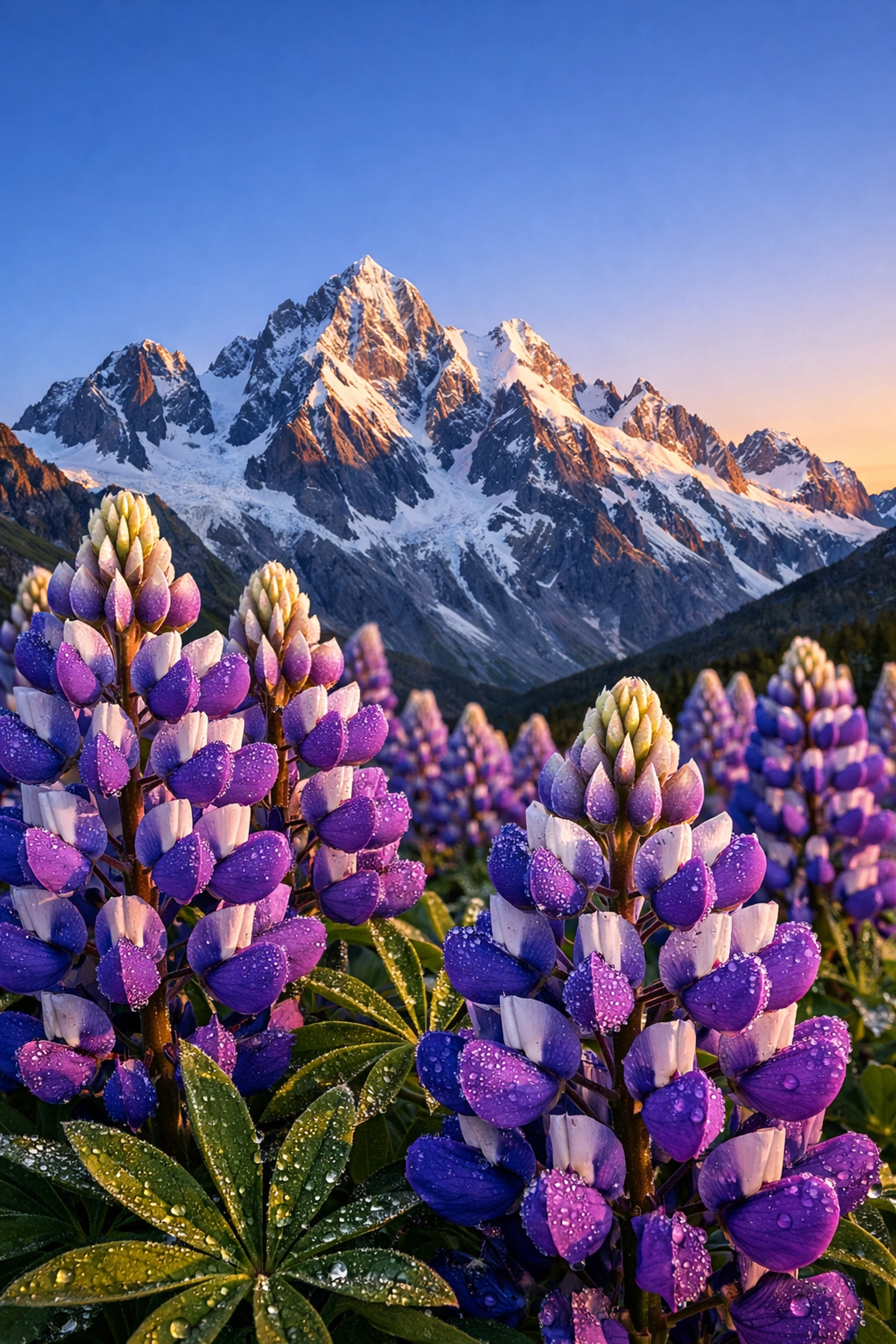 Sharp landscape photography showing deep depth of field from foreground flowers to distant mountains.
