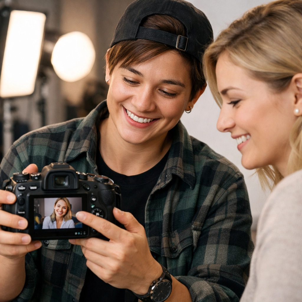 Professional photographer showing a camera screen to a client in a modern photo studio.