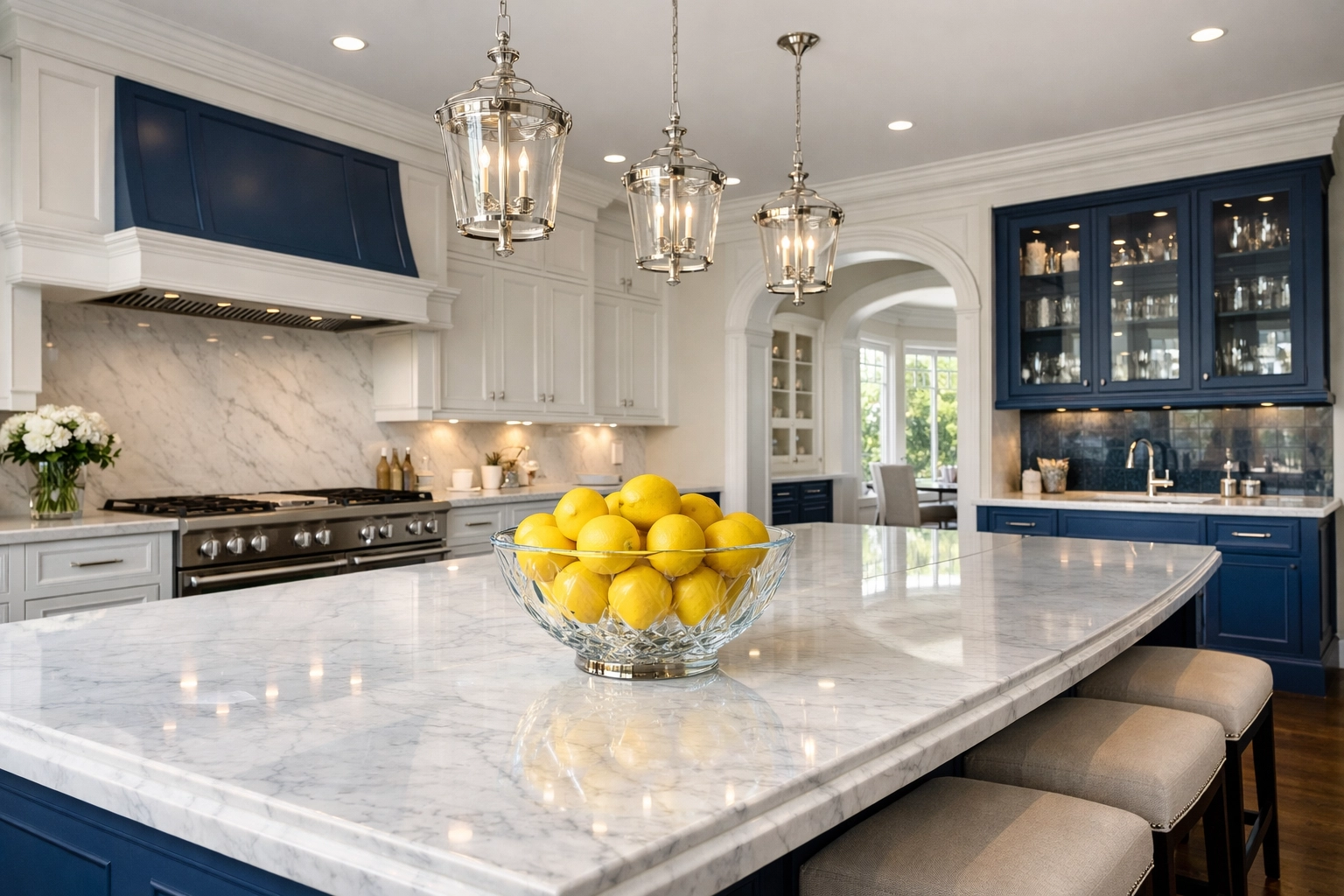 Polished marble island in a luxury Winchester estate kitchen after a professional deep cleaning.