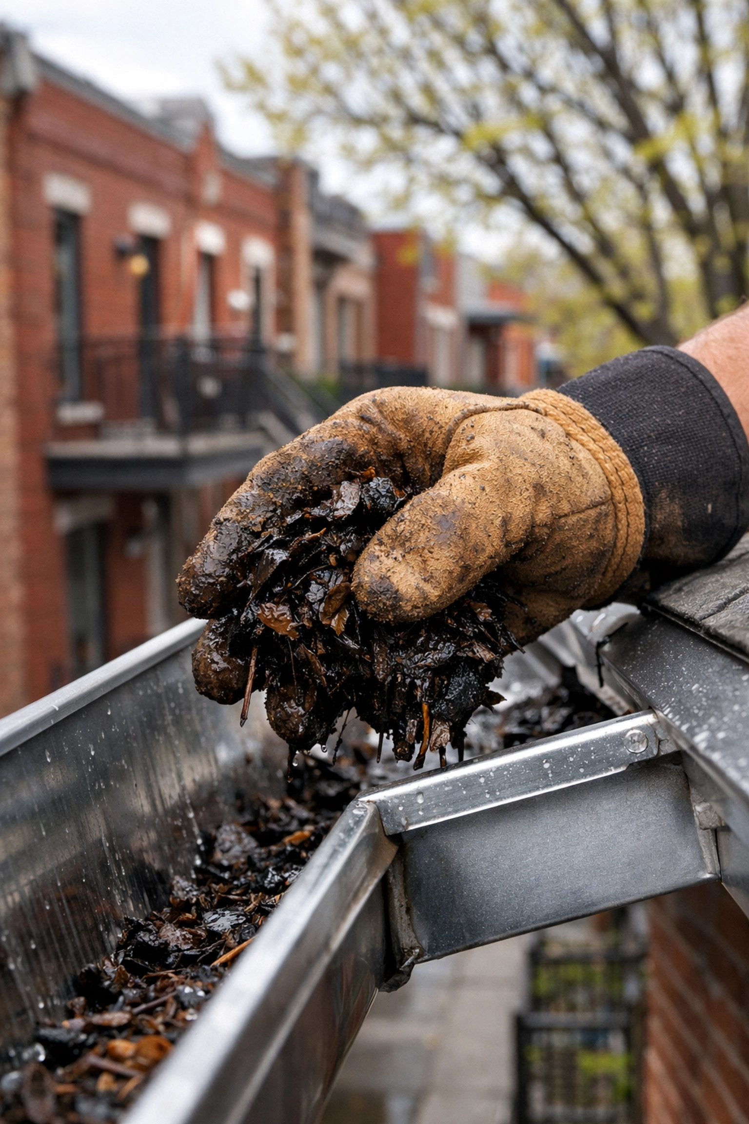 Cleaning wet leaves from a Montreal rain gutter to prevent spring basement flooding.