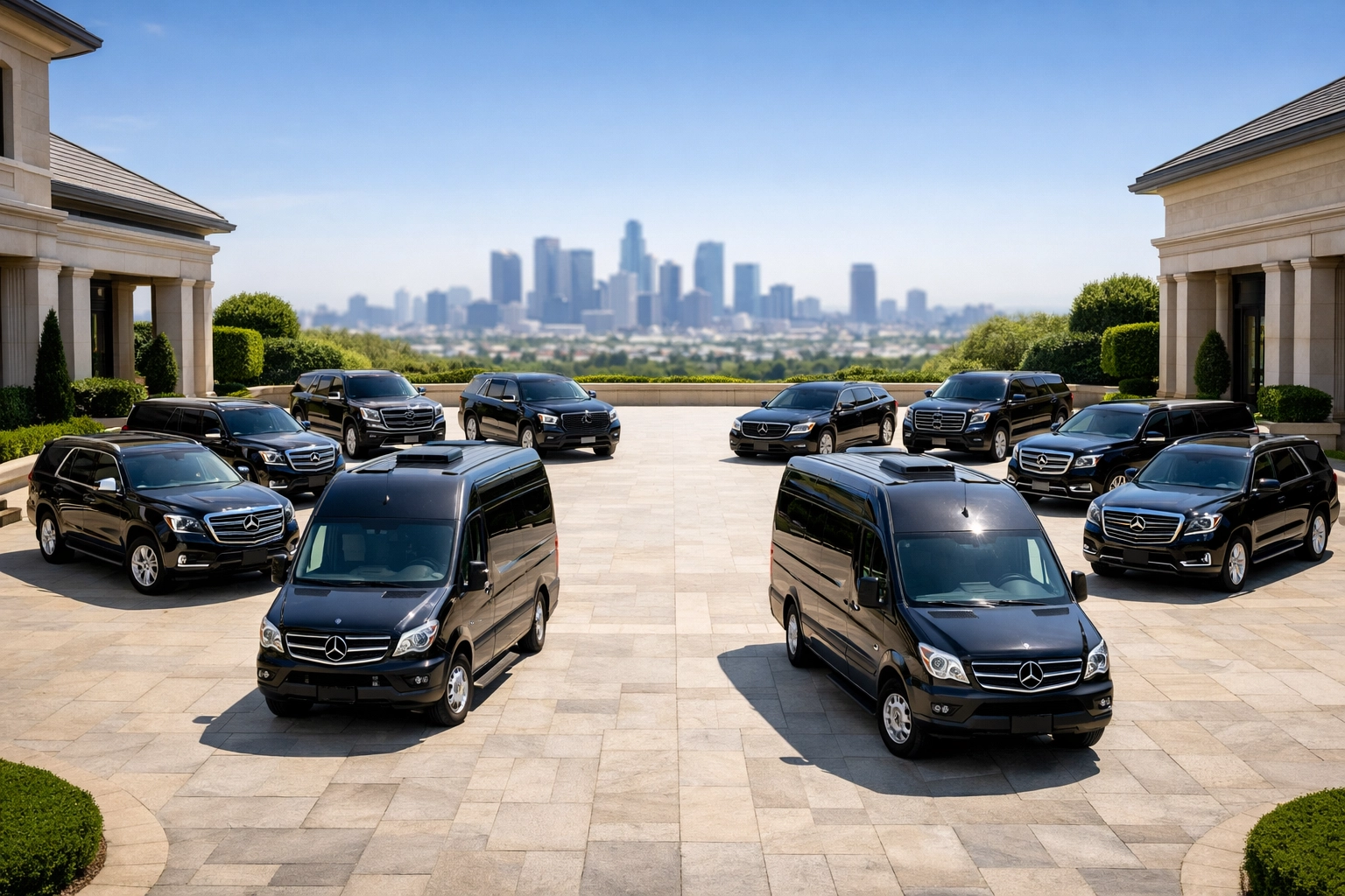 Coordinated fleet of executive SUVs and sprinters ready for high-stakes corporate travel management.