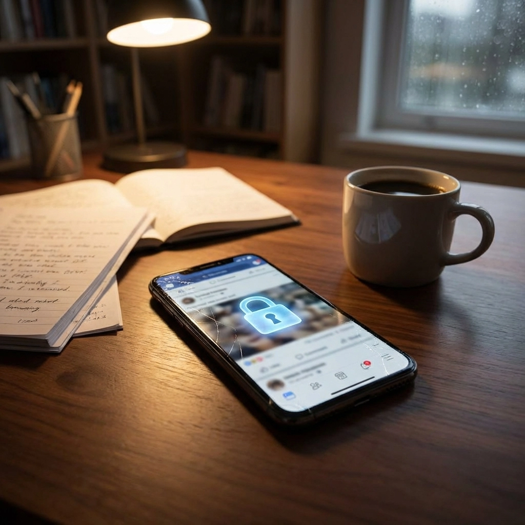 Smartphone on desk with privacy lock symbolizing tightened social media privacy for skip tracing in 2025.