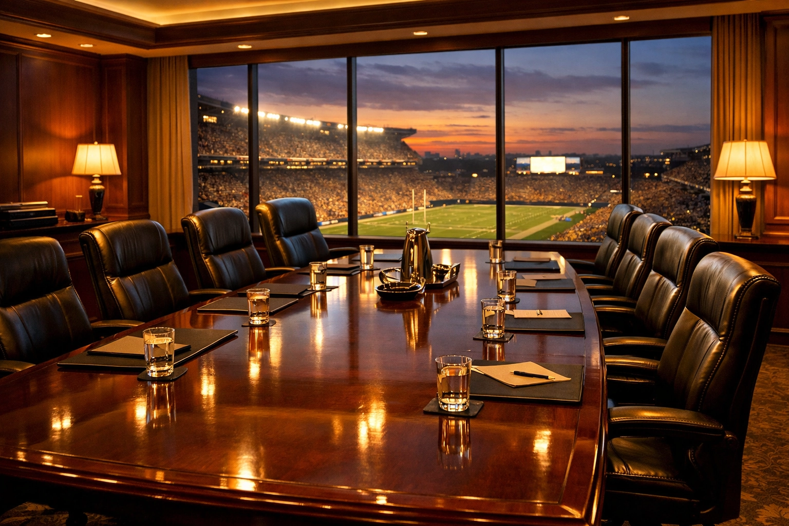 Executive boardroom overlooking stadium for Super Bowl VIP hospitality and corporate networking