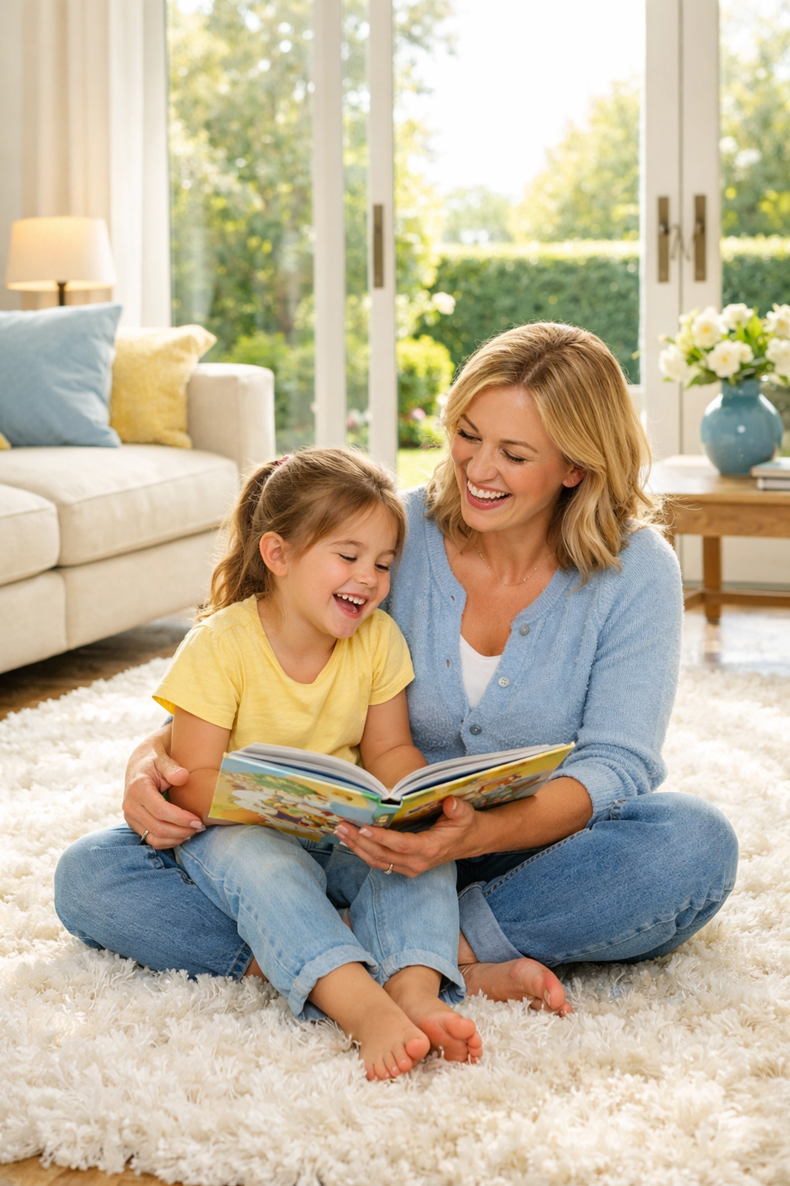 Happy Dover family relaxing in a clean home after residential cleaning Massachusetts services.