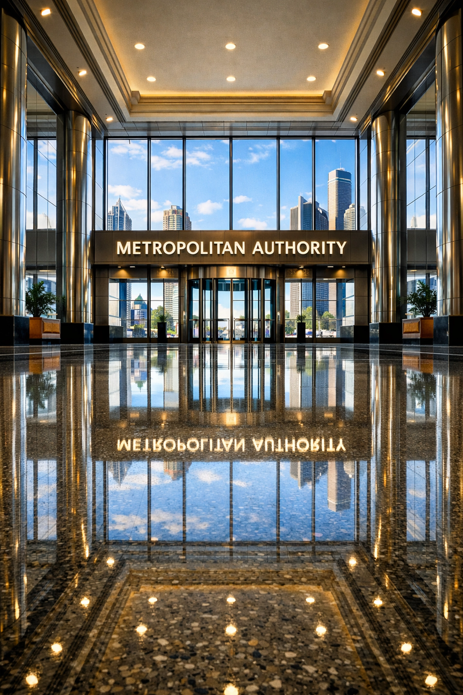 Polished terrazzo lobby floor in a Detroit corporate building showing professional high-traffic floor maintenance.