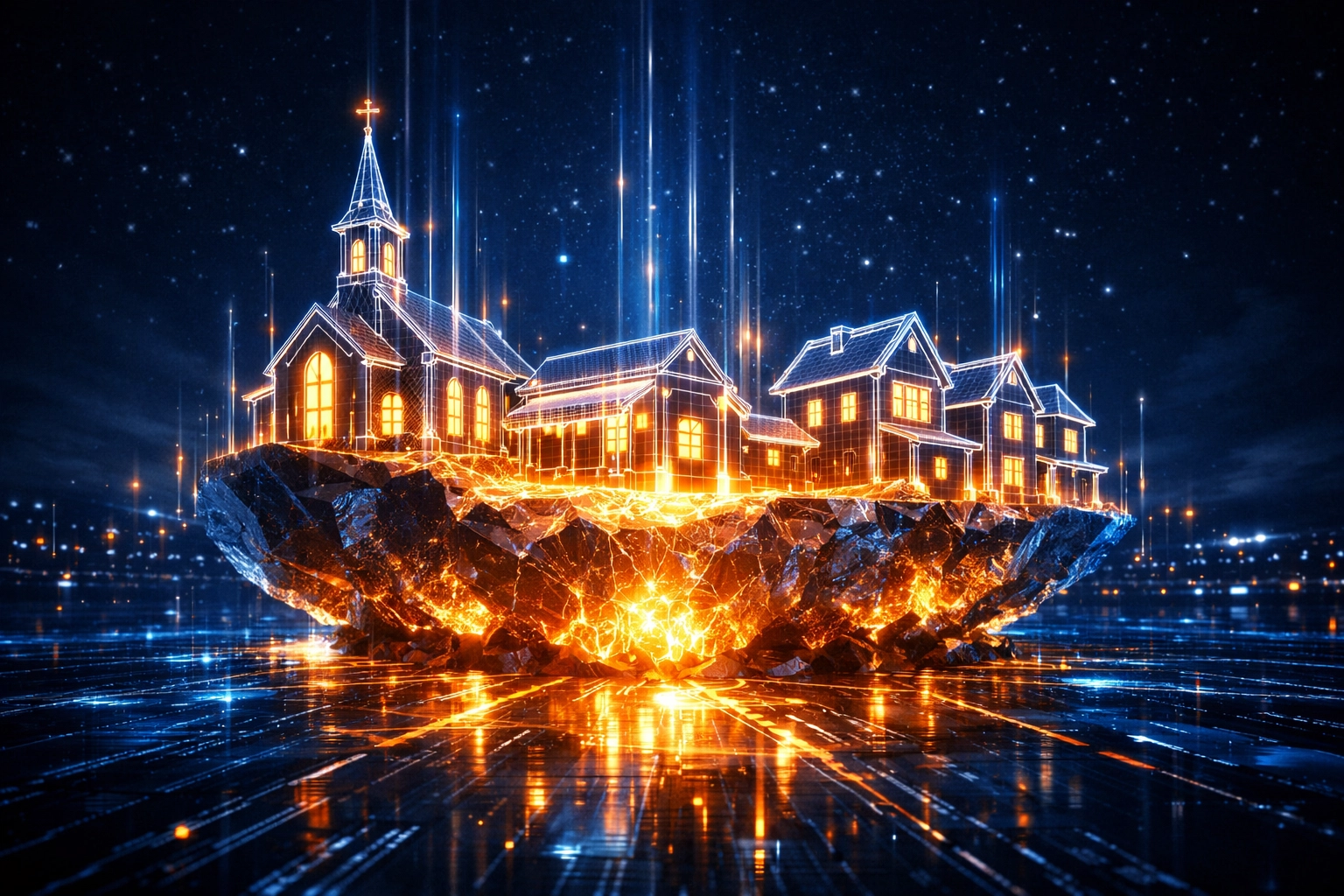 A glowing digital foundation supports a connected community of churches and local shops through smart automation. A glowing digital foundation supports a connected community of churches and local shops through smart automation.