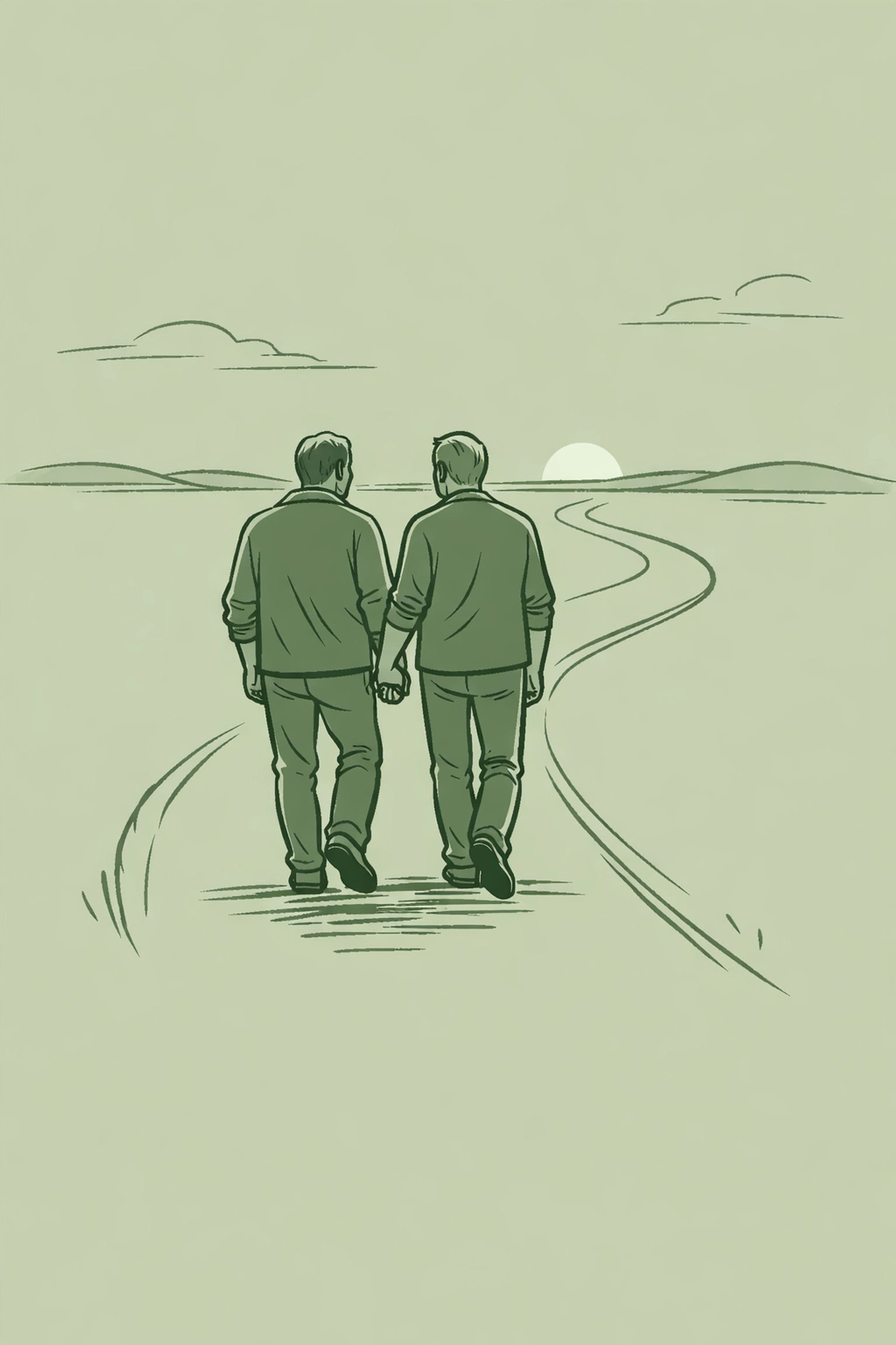 An MM couple holding hands and walking toward a new horizon, representing a late-life gay love story.