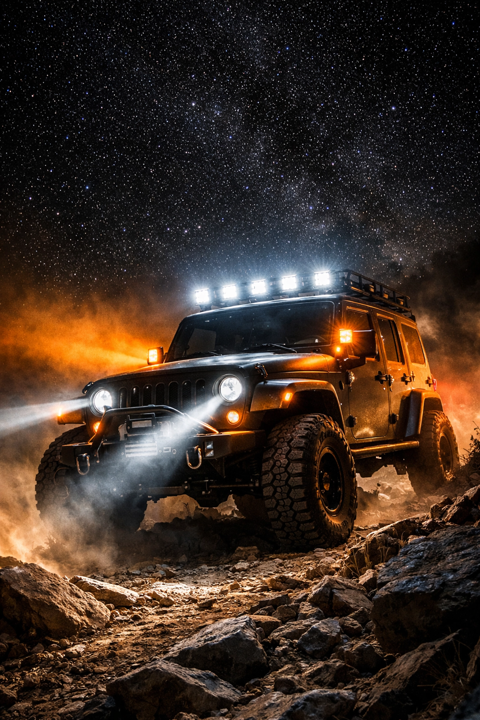 Lifted Jeep with roof-mounted cube lights illuminating rocky desert trail at night