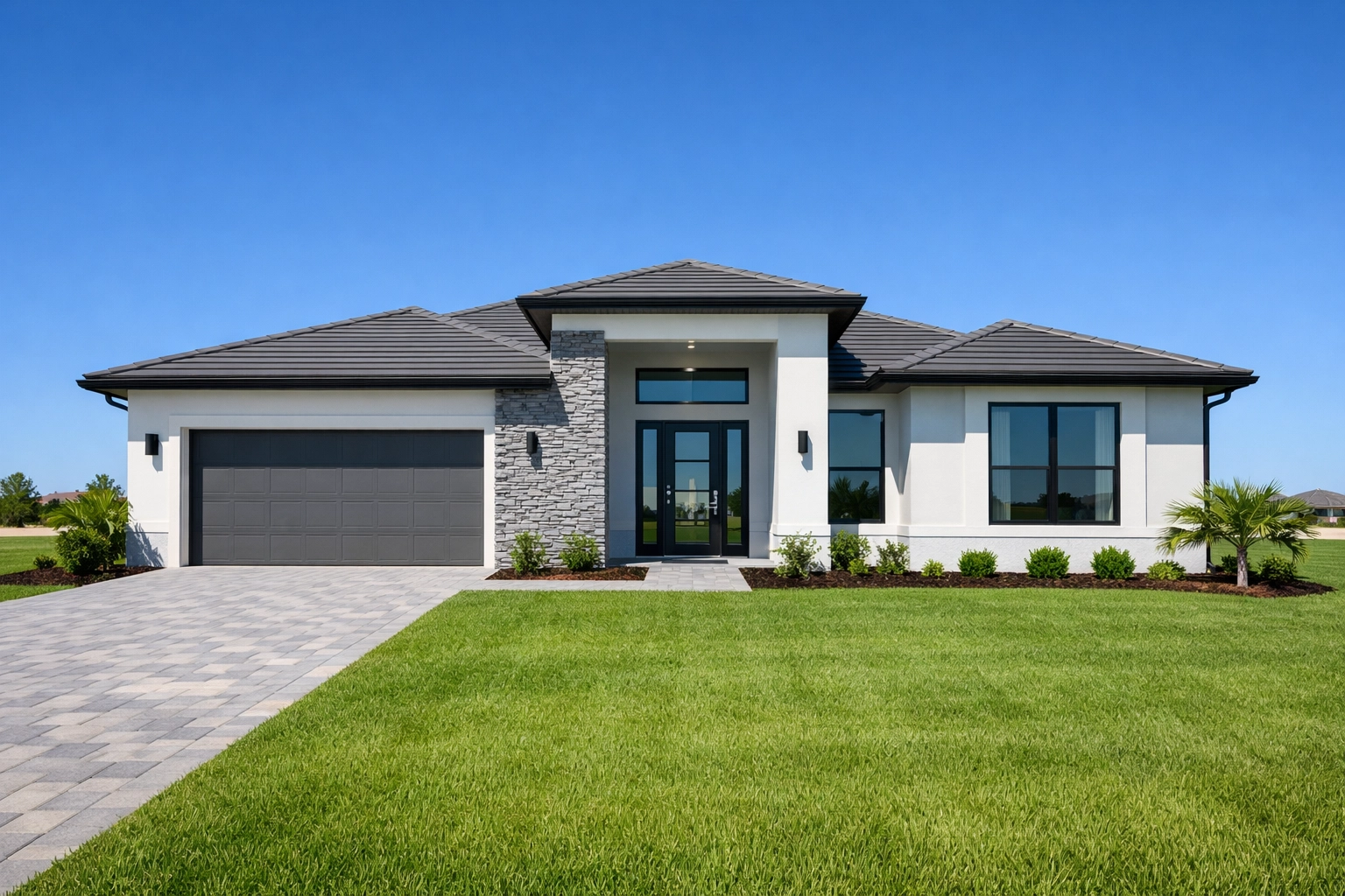 New construction single-family home in Northeast Cape Coral with modern Florida design and landscaping.