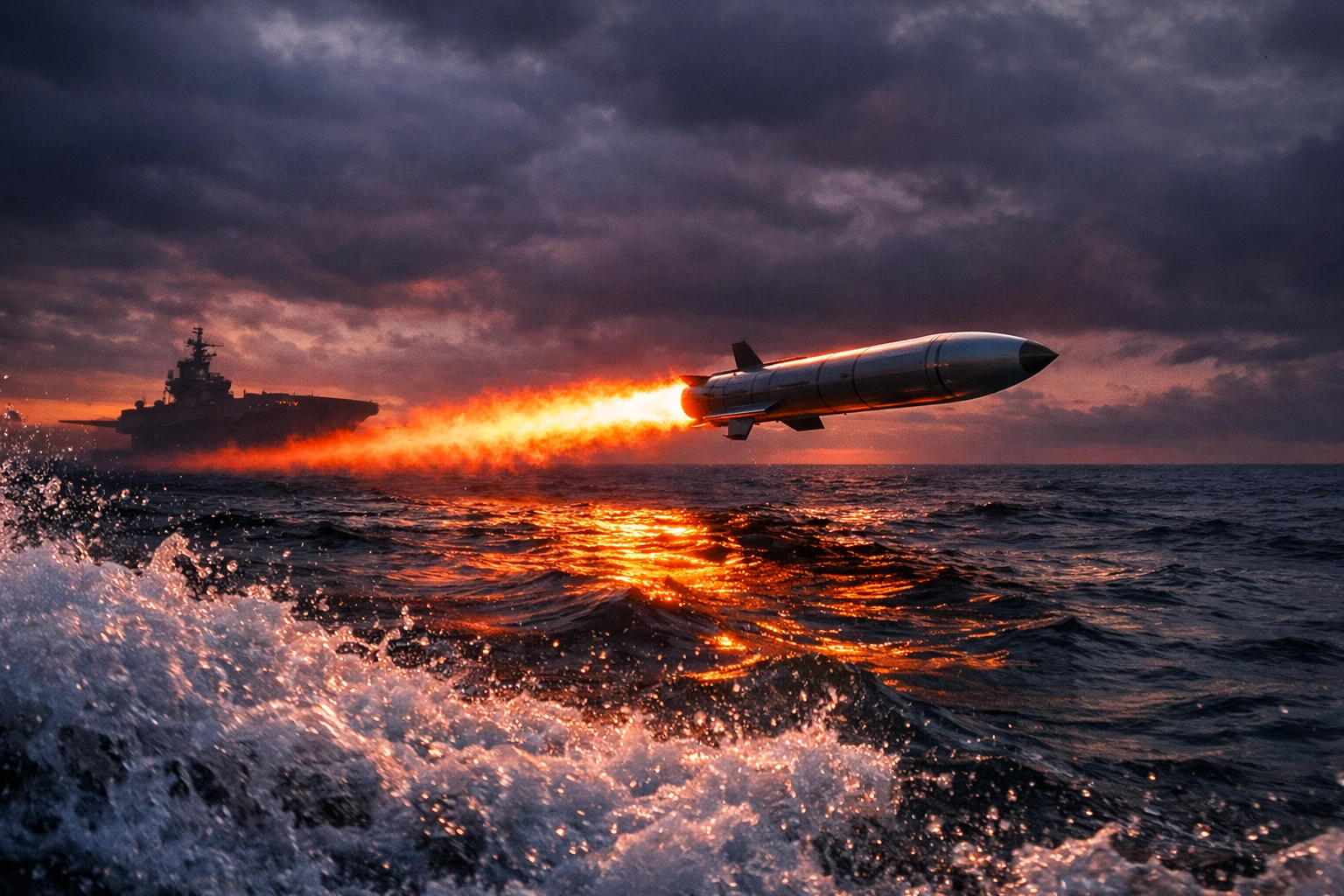 Advanced cruise missile flying over the ocean at sunset toward a naval aircraft carrier.