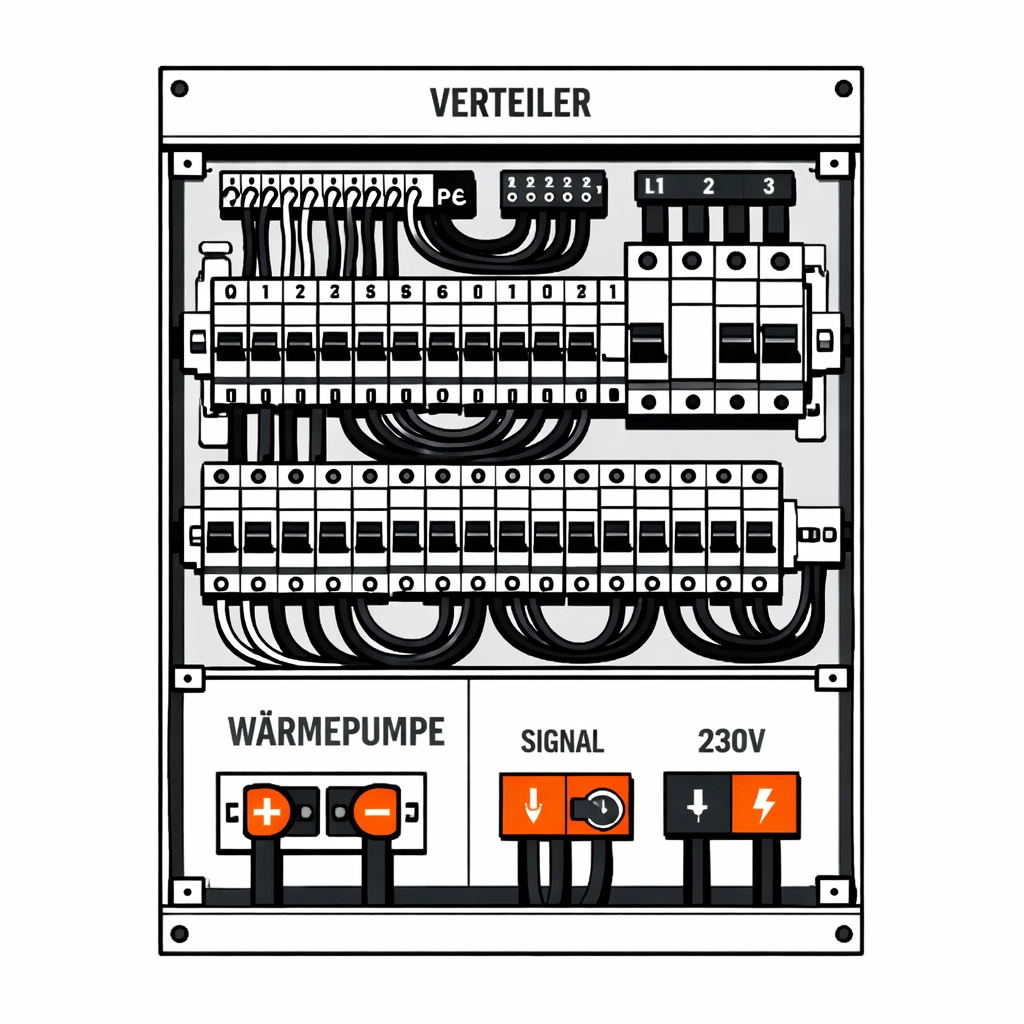 Elektro-Verteilerkasten mit fachgerechten Wärmepumpen-Anschlüssen und Leitungsführung