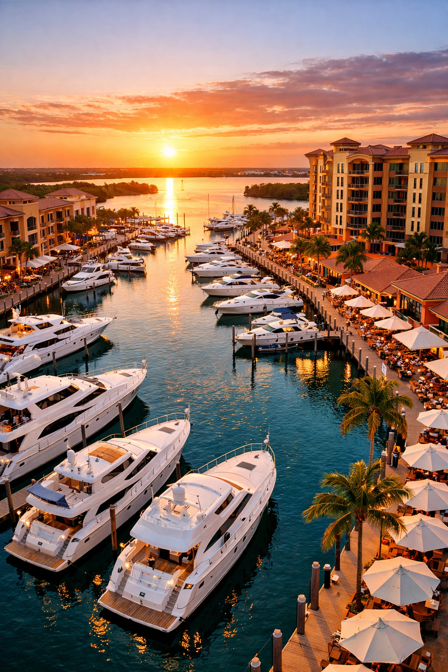 Luxury yachts at Tarpon Point Marina in Southwest Cape Coral, Florida.
