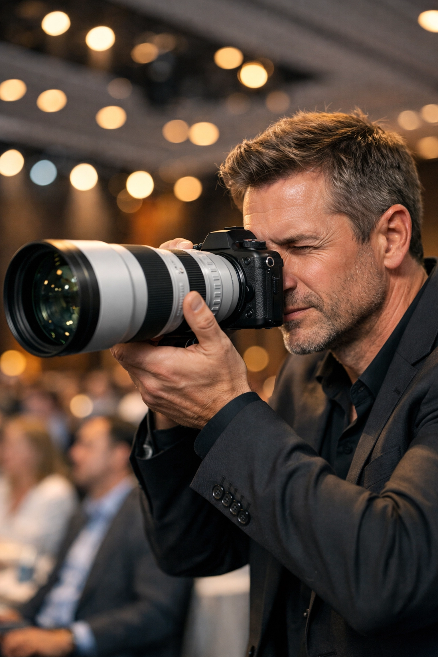 Professional corporate event photographer in Miami using a mirrorless camera to capture a conference.