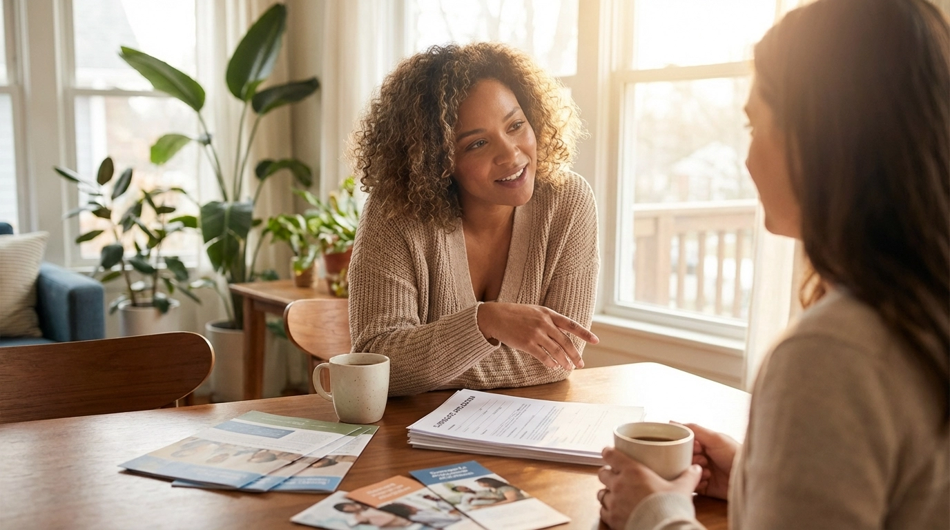 Two women share encouragement at a sunny kitchen table, reflecting support during New York surrogacy application.