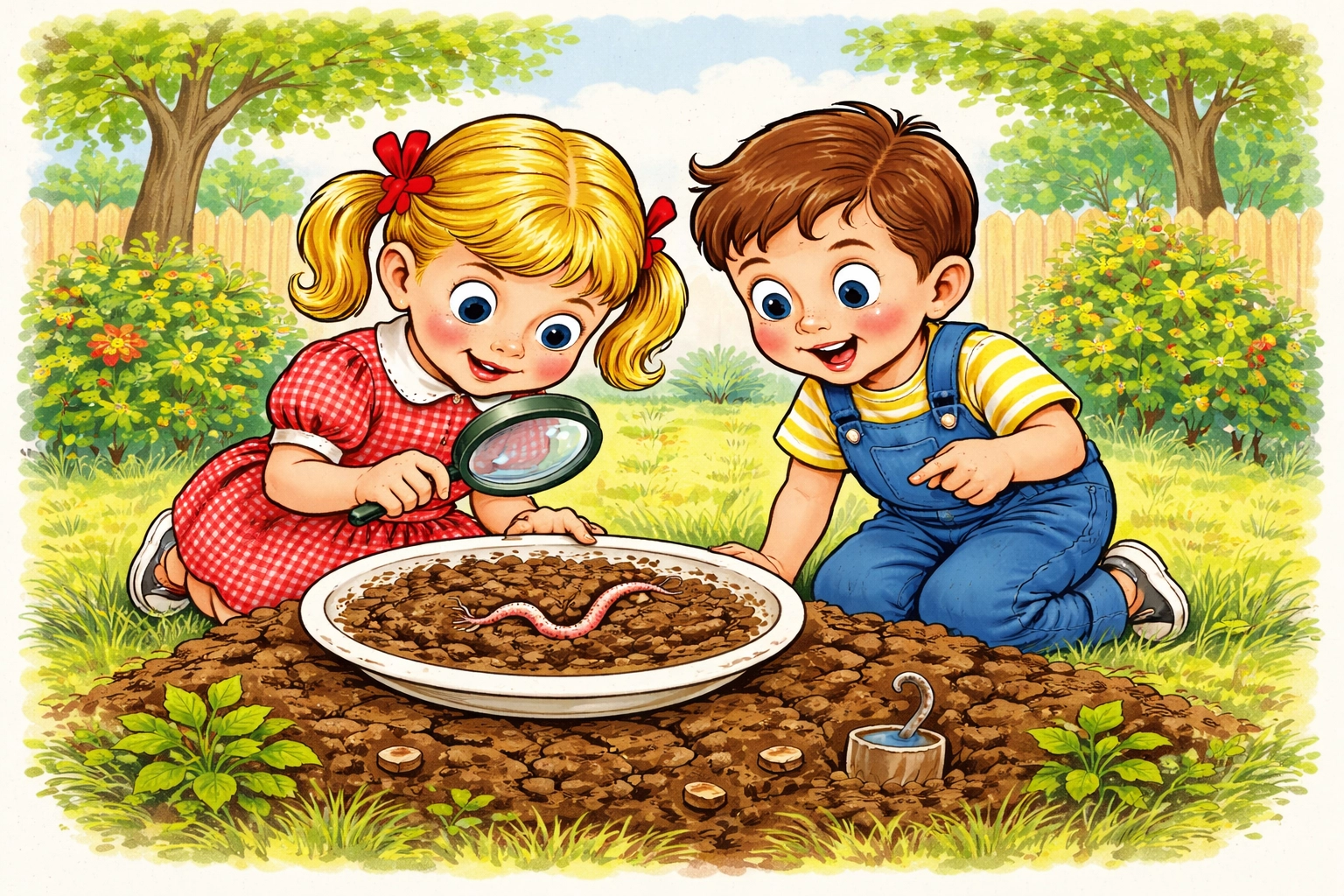 Children using a magnifying glass to explore soil and discover earthworms and insects in a family backyard garden