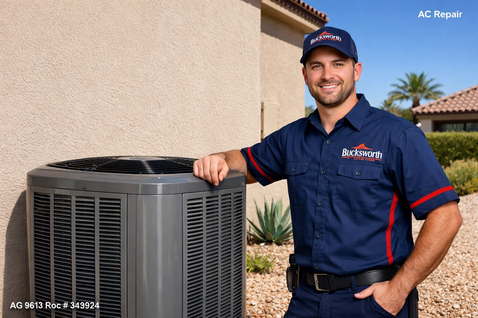 Bucksworth technician performing high-efficiency AC repair in the Seville neighborhood of Gilbert, AZ.