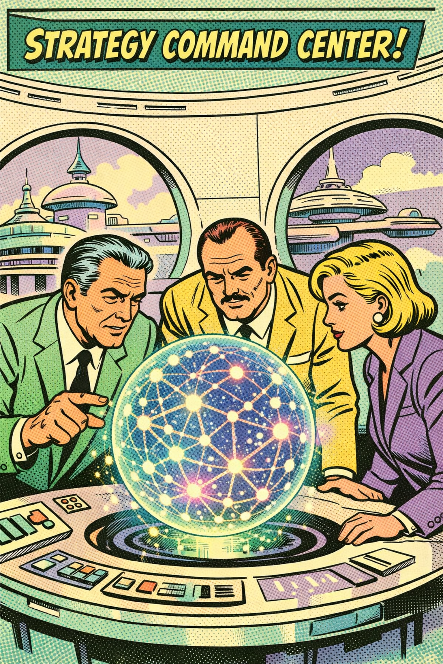 B2B executives reviewing data in a command center, symbolizing the AI-driven buyer journey and synthesis.