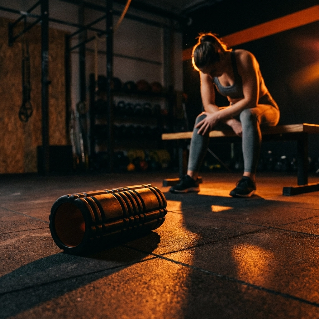 Foam roller on gym floor with frustrated runner holding knee, illustrating why foam rolling may not relieve knee pain