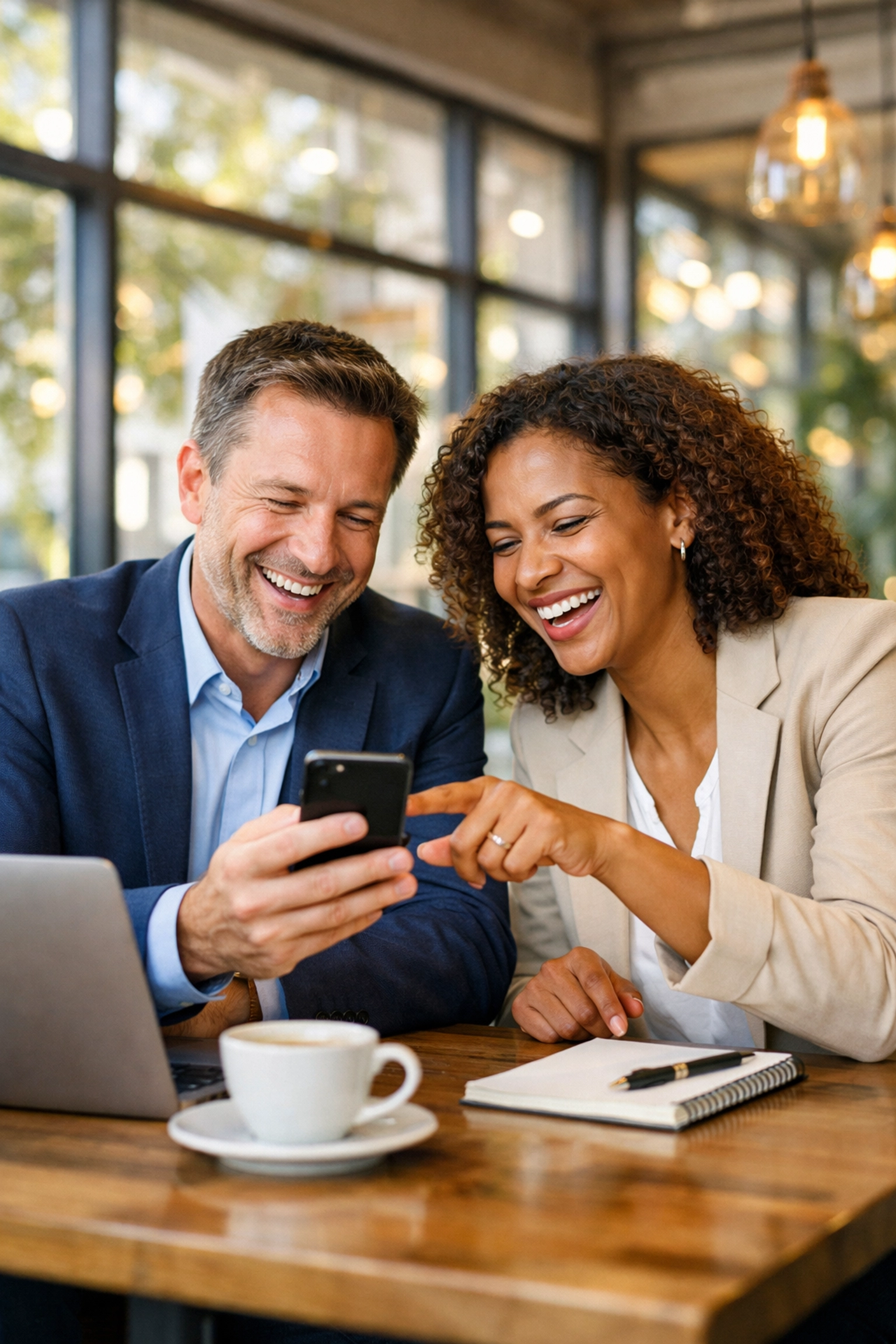 Vending business partners discussing location service options together in a bright cafe setting.