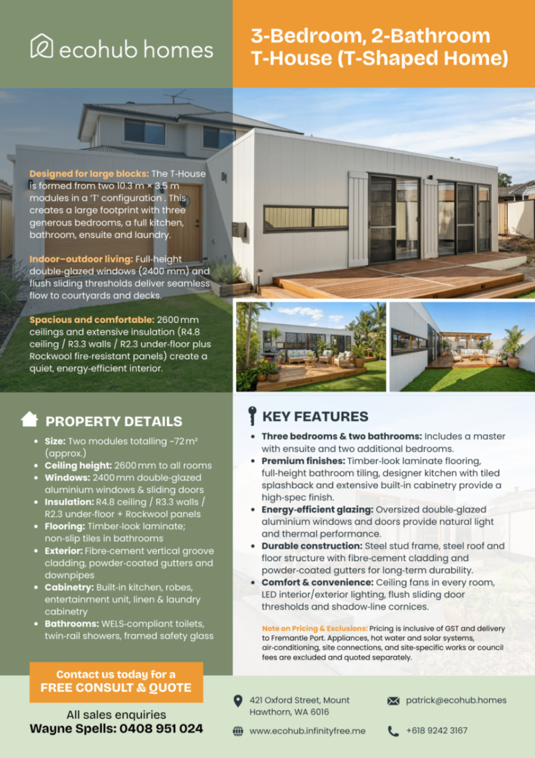 EcoHub Homes’ 3-bedroom, 2-bathroom T-House modular home brochure