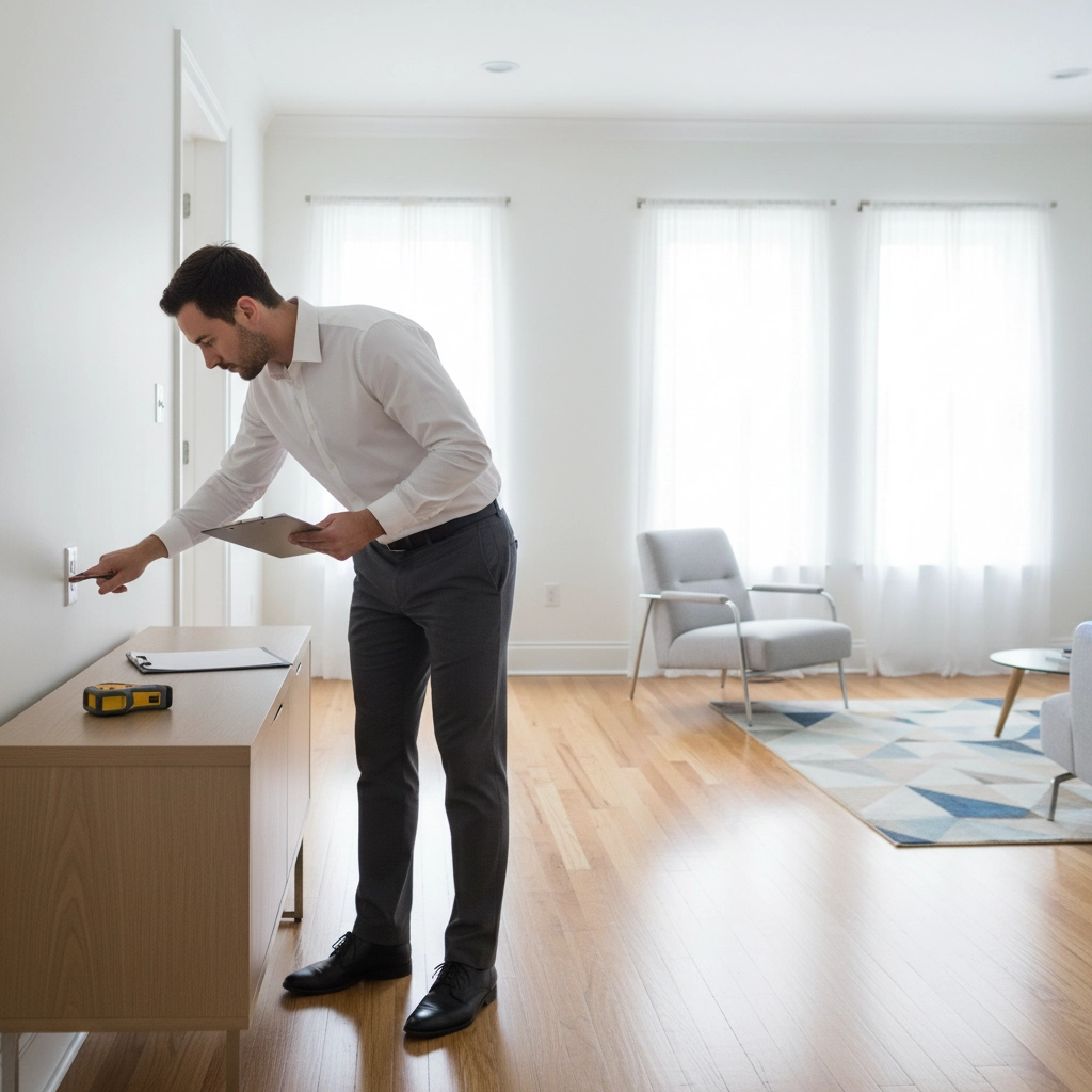 Man in a white shirt checks a light switch in a bright living room with wooden floors, modern furniture, and large windows.