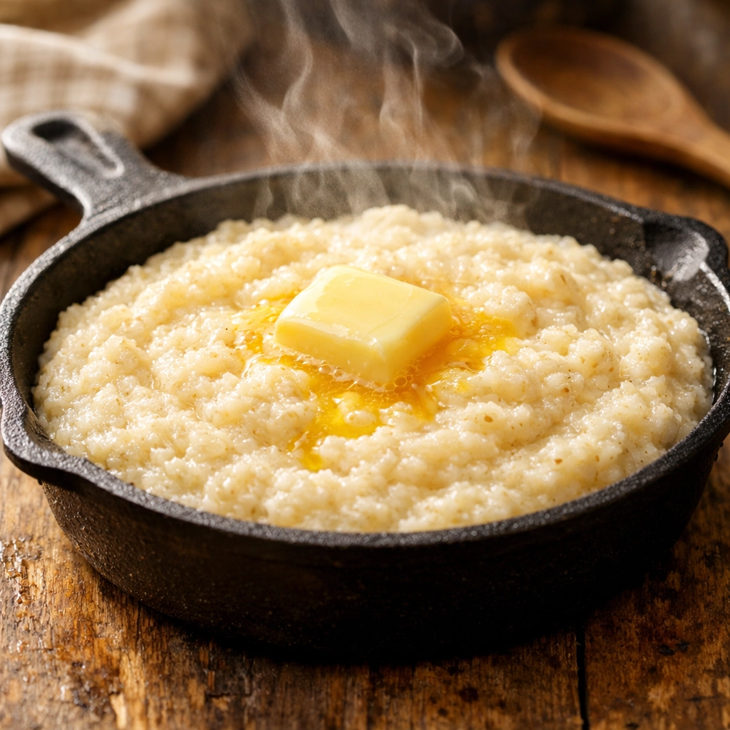 Creamy stone-ground grits with melting butter in cast iron skillet, Southern comfort food