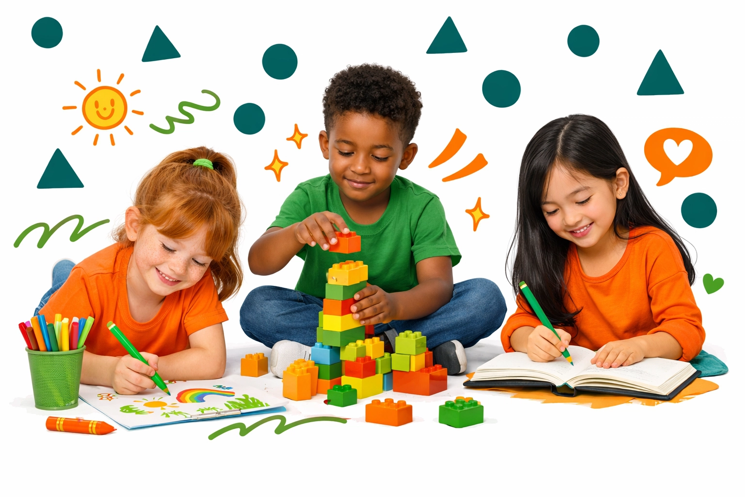 Children engaged in self-awareness activities including drawing, building, and journaling
