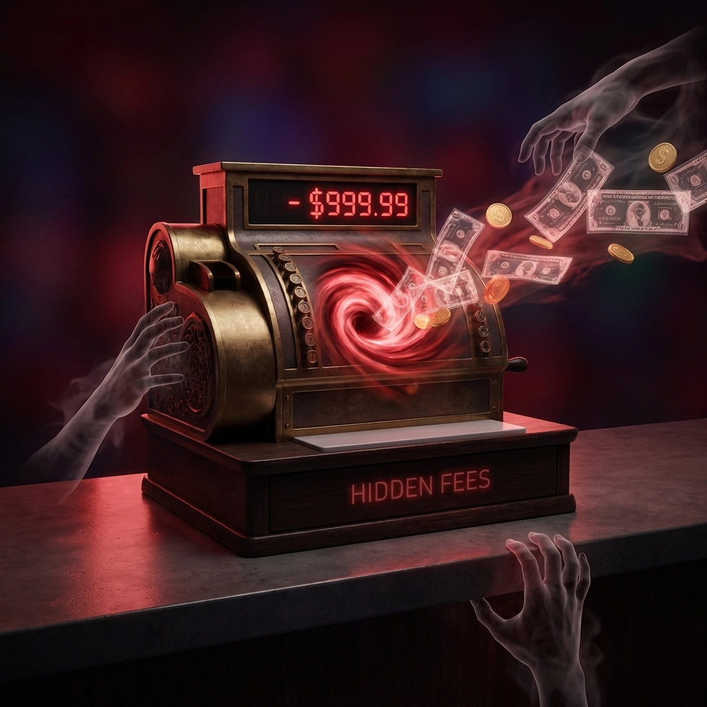 Hidden interchange fees draining merchant profits as cash vanishes from a register, highlighting payment processor costs