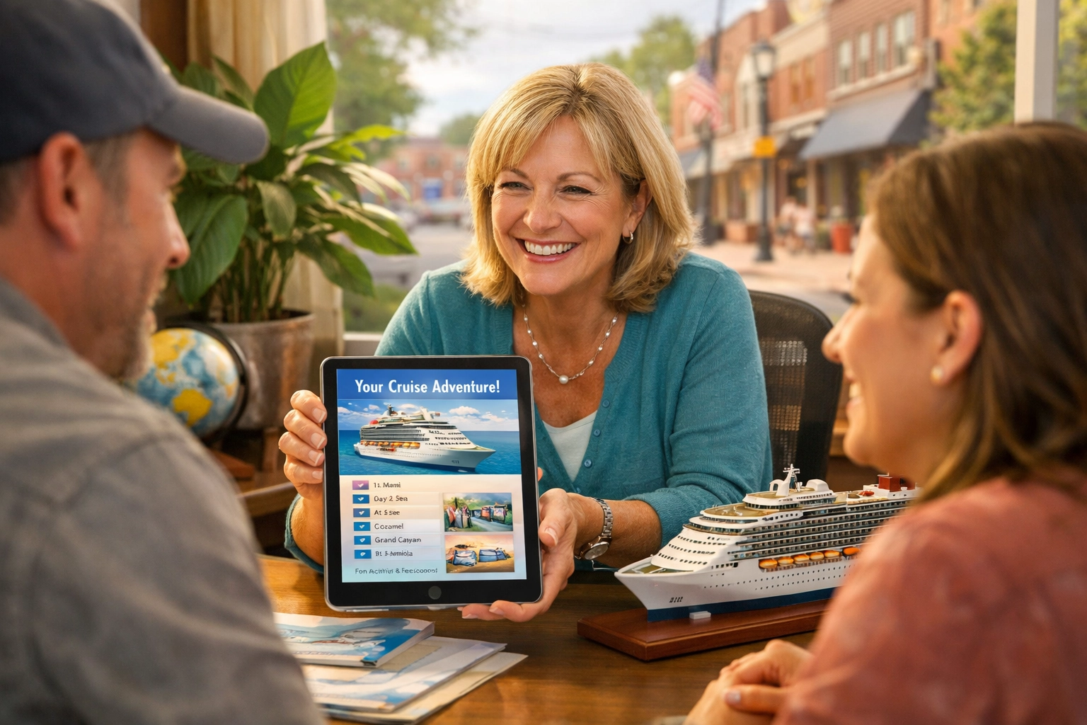 A friendly cruise specialist in Flushing, MI, helps a couple plan their first vacation itinerary.