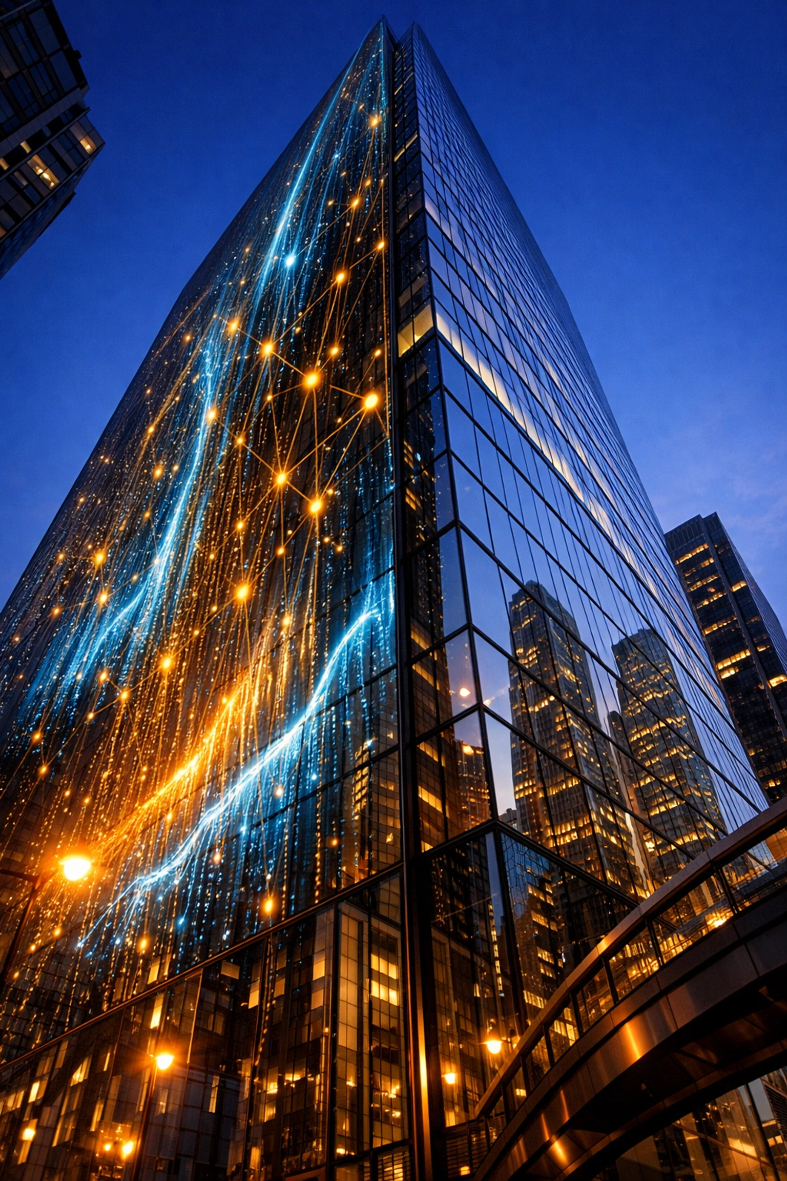 Modern glass skyscraper reflecting a digital grid representing the bridge between real estate and crypto assets.