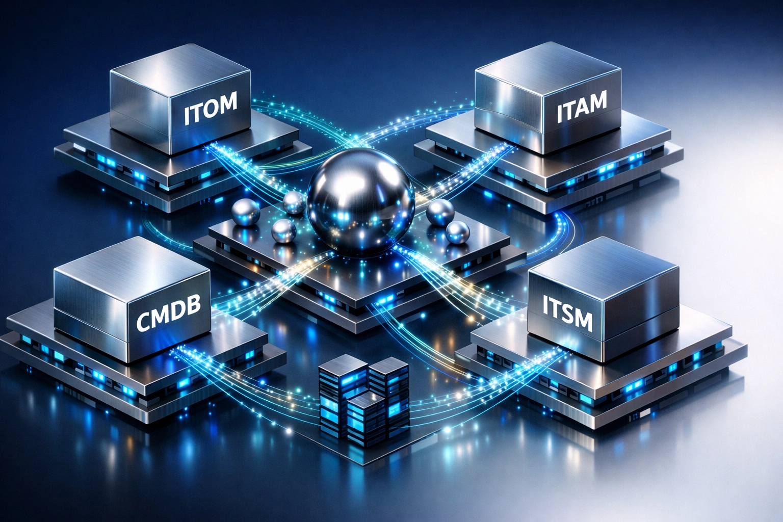 ServiceNow ITAM and ITOM integration architecture with connected modules