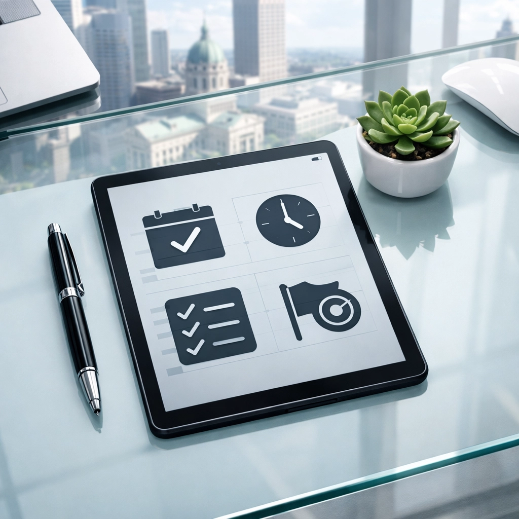 Digital tablet on an Indianapolis desk showing professional cleaning management and scheduling tools.