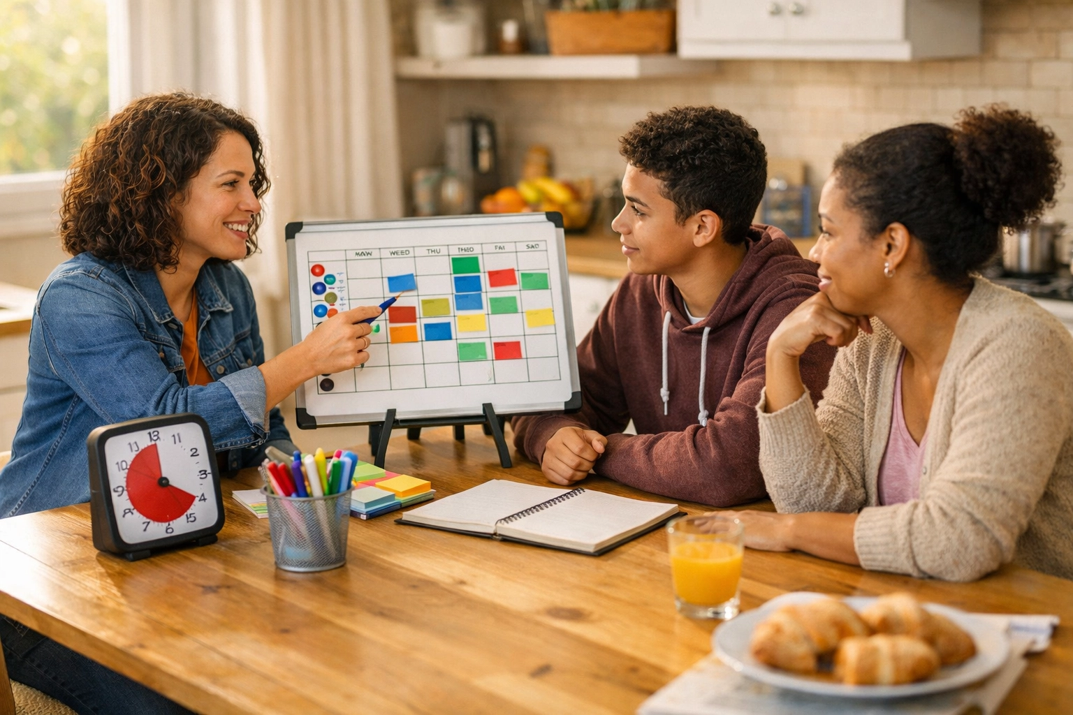 Coach working with teen and parent at a kitchen table using a visual weekly schedule and timer to build a realistic daily routine.