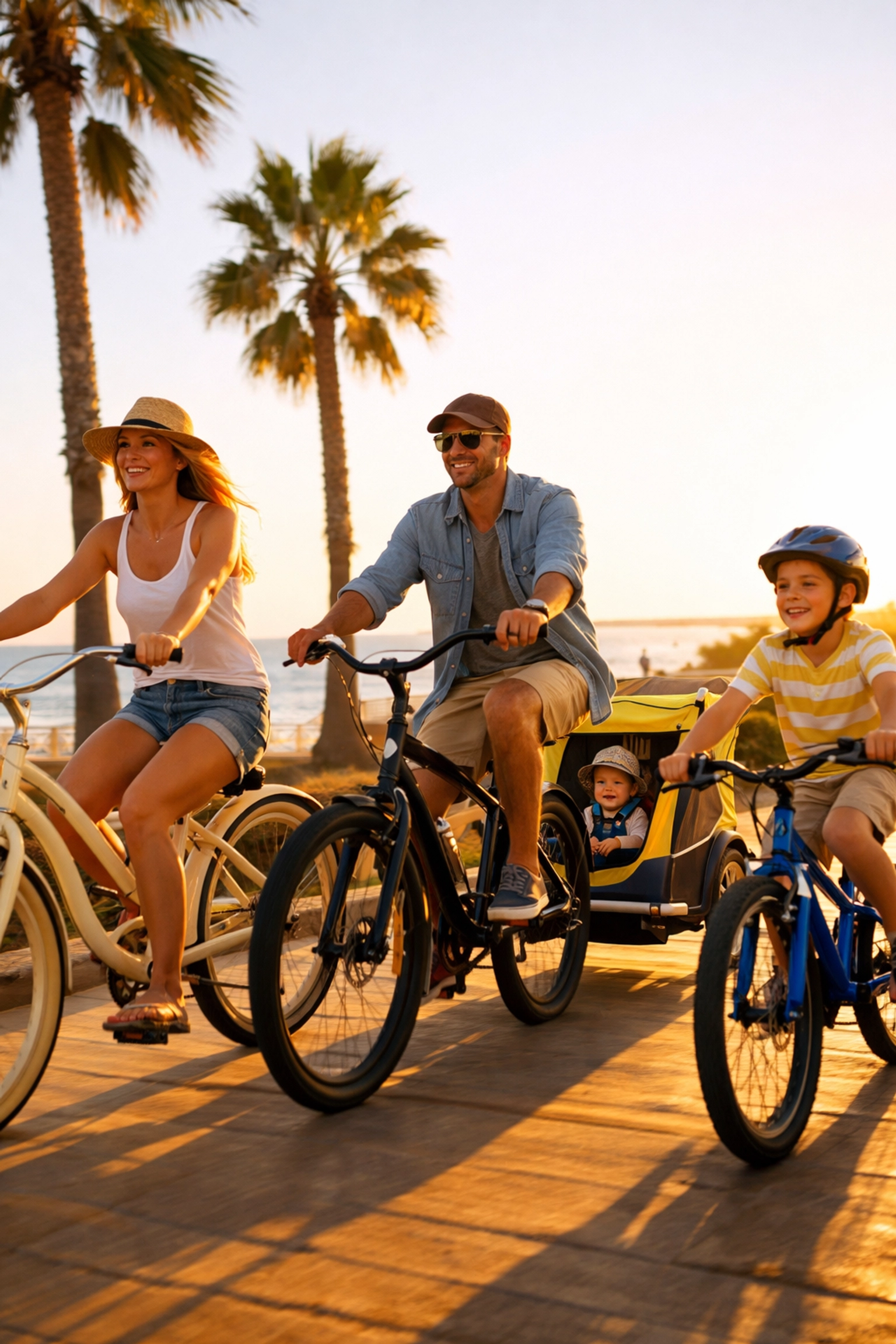 A family enjoying a sunset bicycle ride on a coastal boardwalk during a beach vacation.